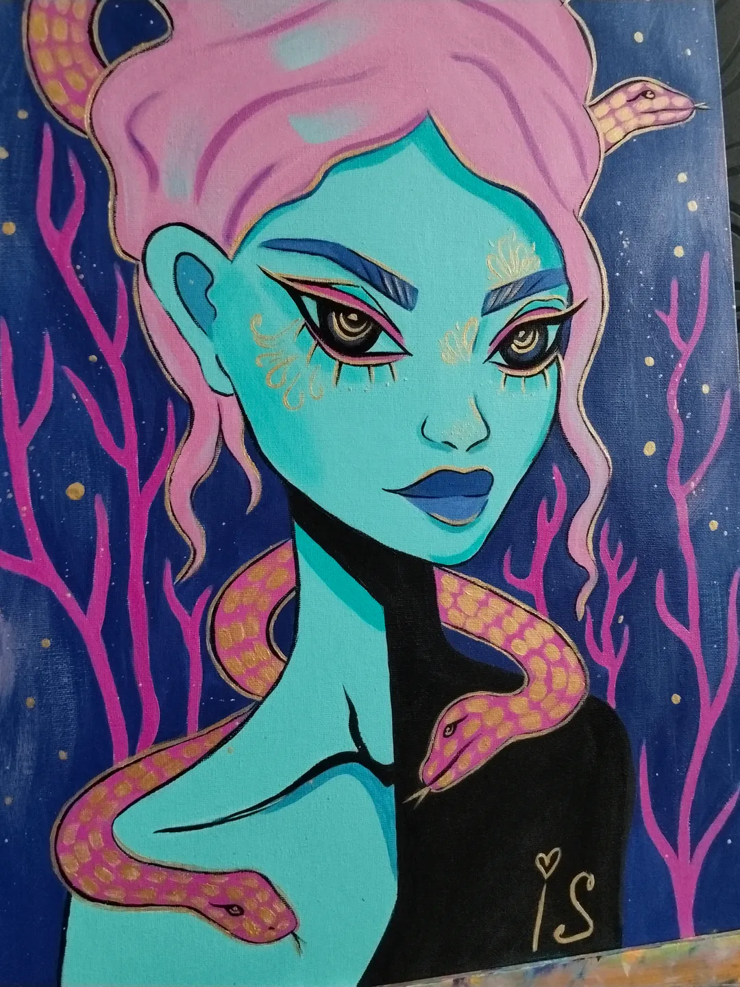 Gorgon Fantasy Original Acrylic Painting with Gold Paint