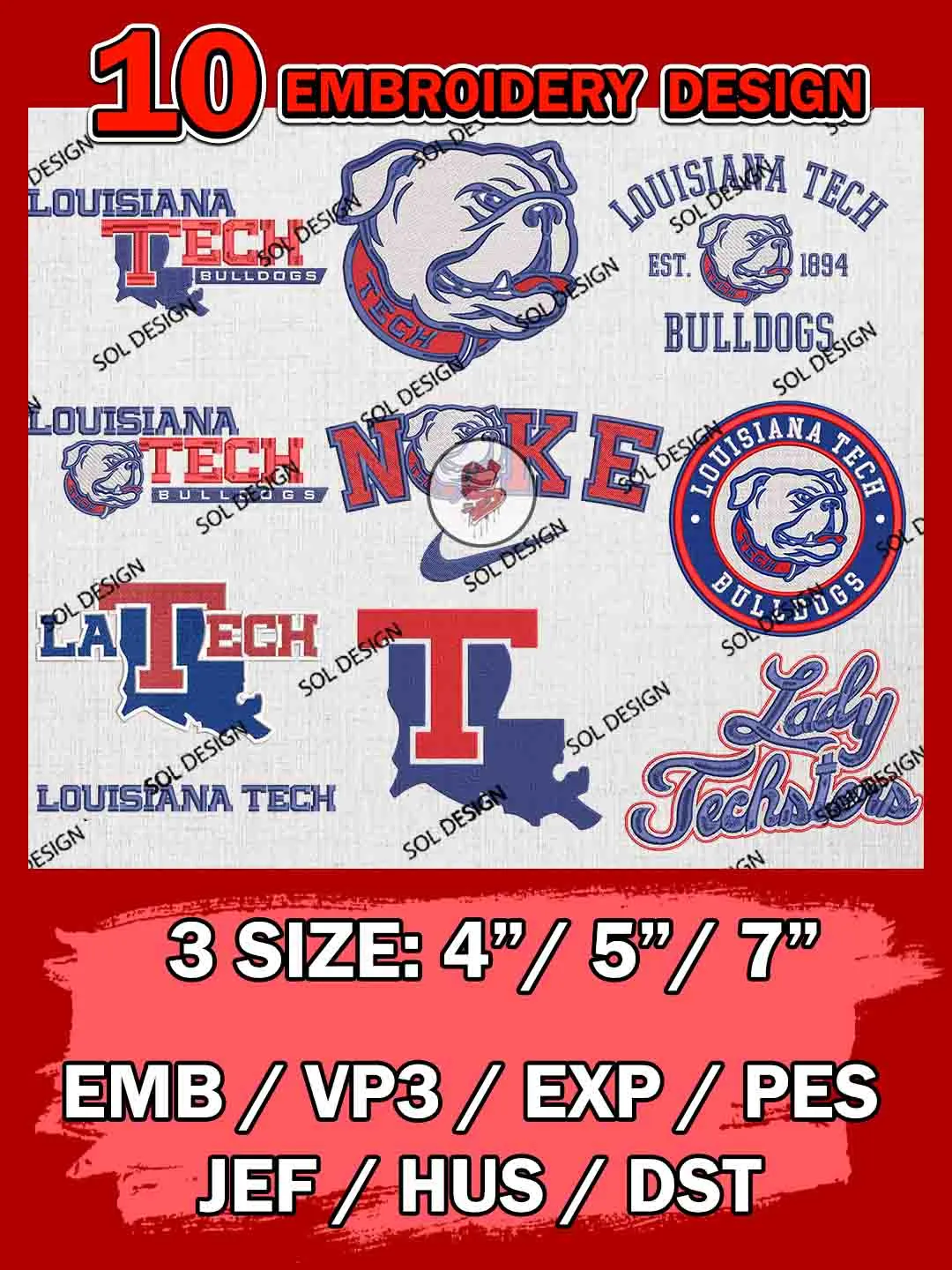 10 NCAA Louisiana Tech Bulldogs Bundle Embroidery Files, NCAA Louisiana Tech Bulldogs Team Bundle Embroidery Designs, NCAA Teams, National College Football Team 3 sizes, NCAA Louisiana Tech Machine Embroidery, Digital Download