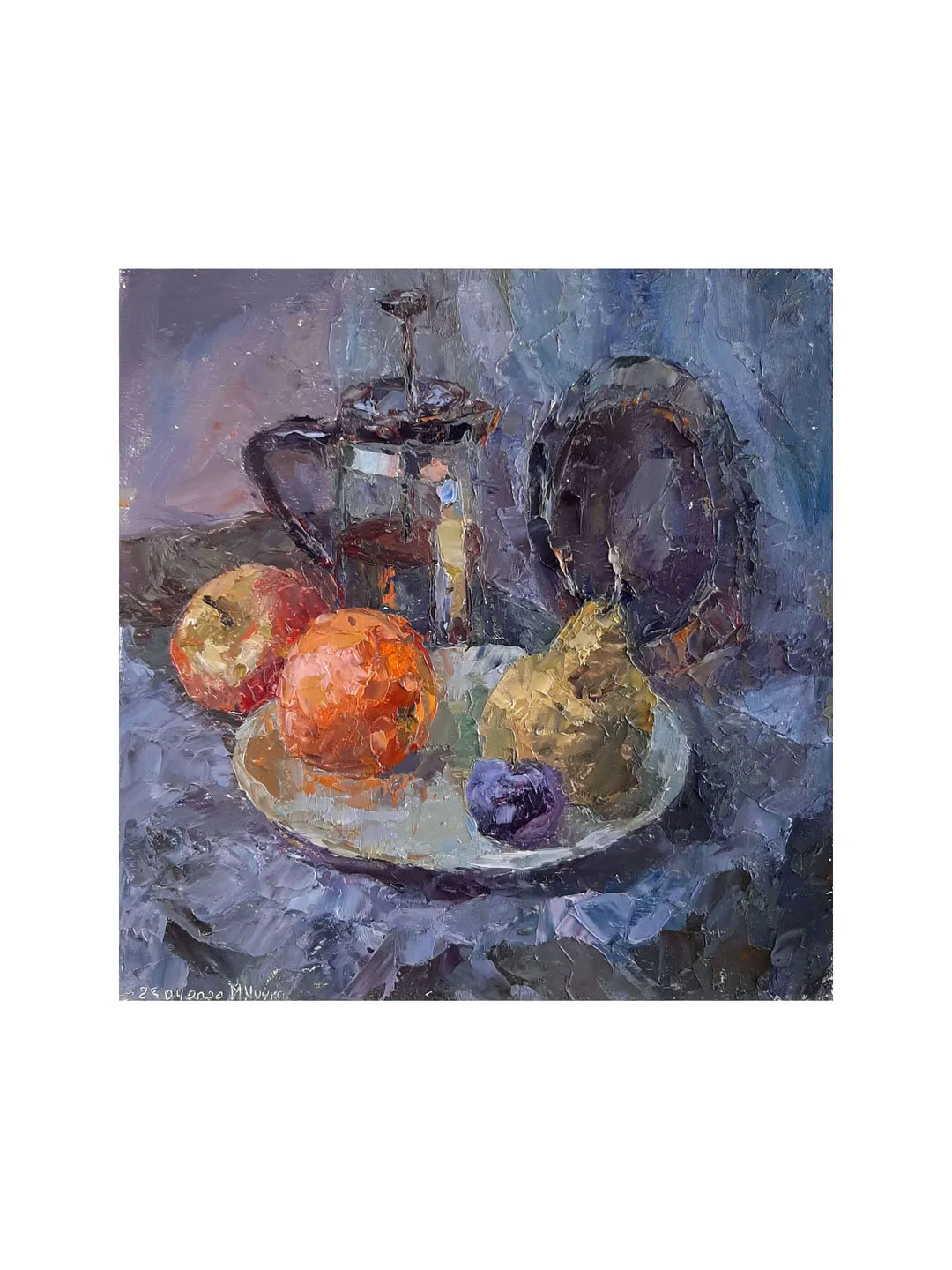 Pear Orange PAINTING 9x8,8" ORIGINAL ART Fruit Kitchen Artwork Still Life Signed by artist Marina Chuchko