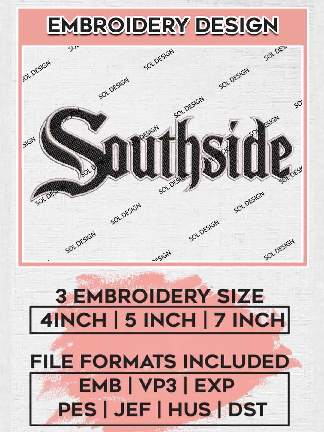 Southside Logo Embroidery Files, MLB Chicago White Sox Team Embroidery, MLB Teams, 3 sizes, MLB White Sox Machine embroidery designs, Digital Download