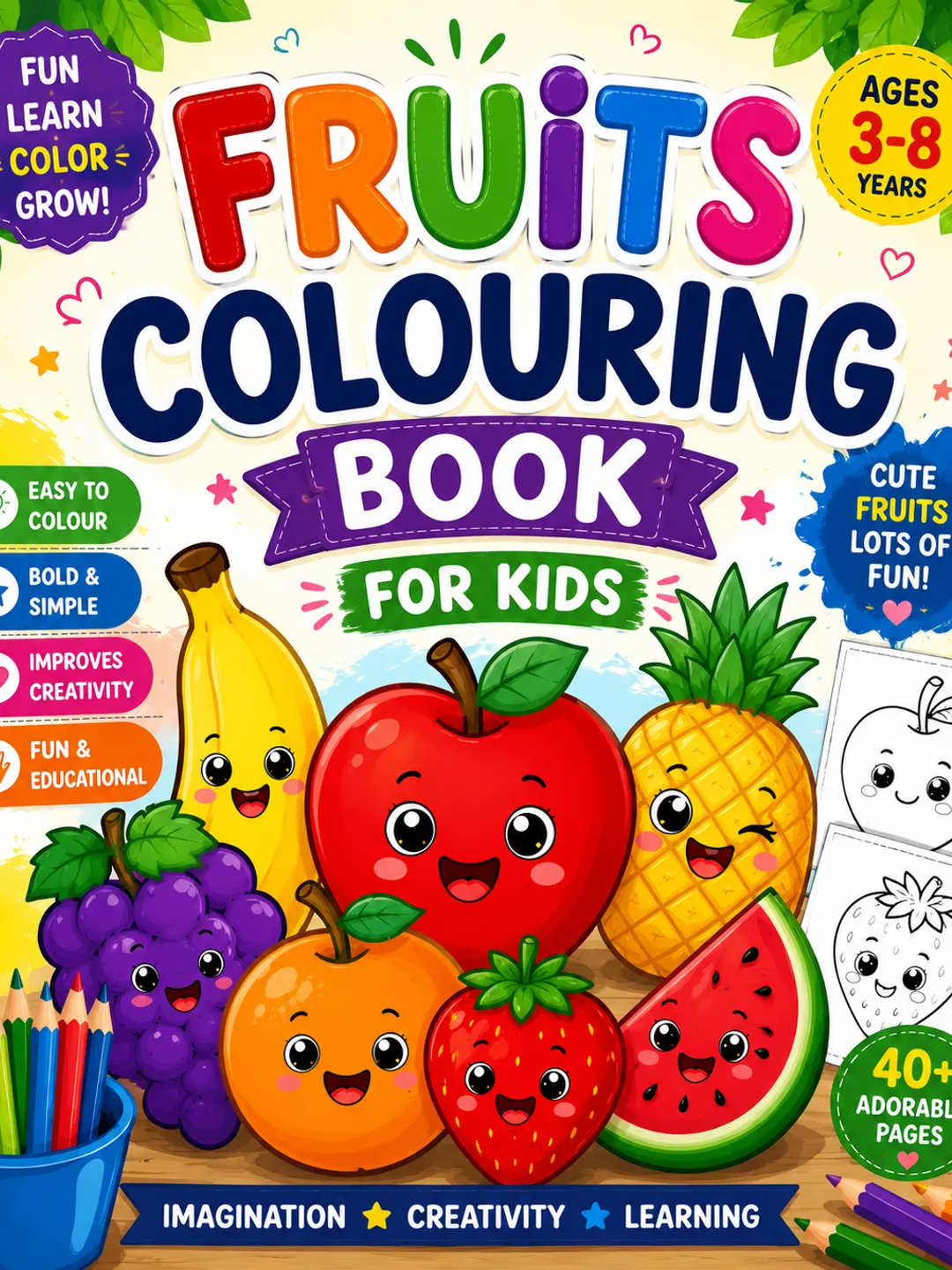 Fruits Coloring Book for Kids – Cute Fruit Coloring Pages for Ages 3-8
