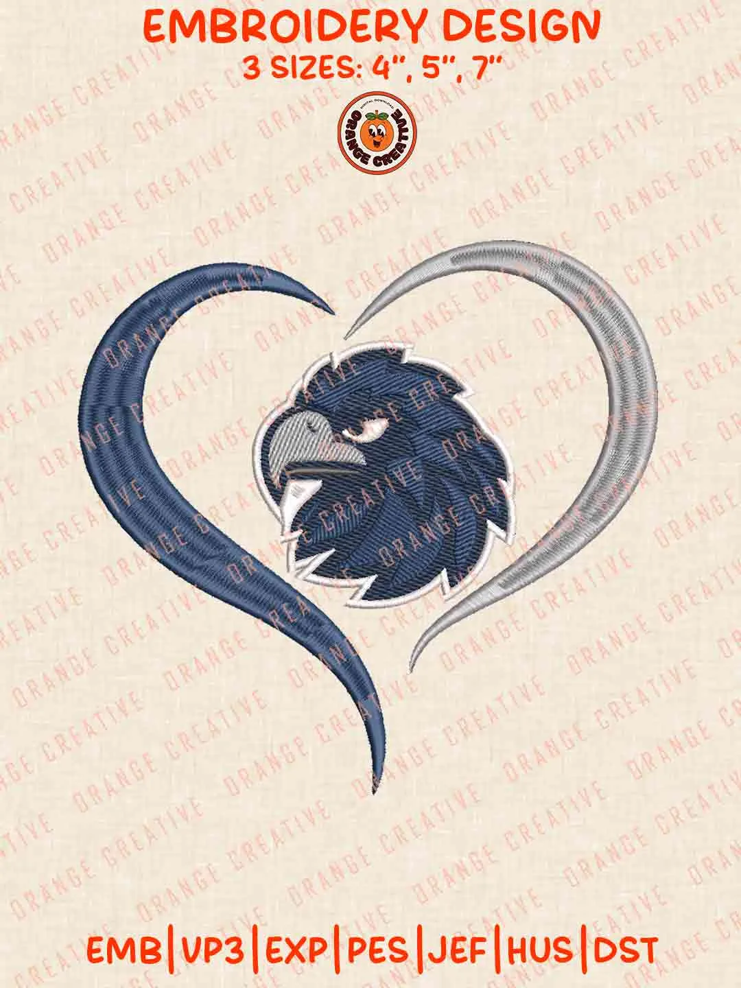 Monmouth Hawk Heart Embroidery Design Files, Football Embroidery Designs, Sport Machine Embroidery Files, 3 Sizes, Custom Sizes, Instant Download