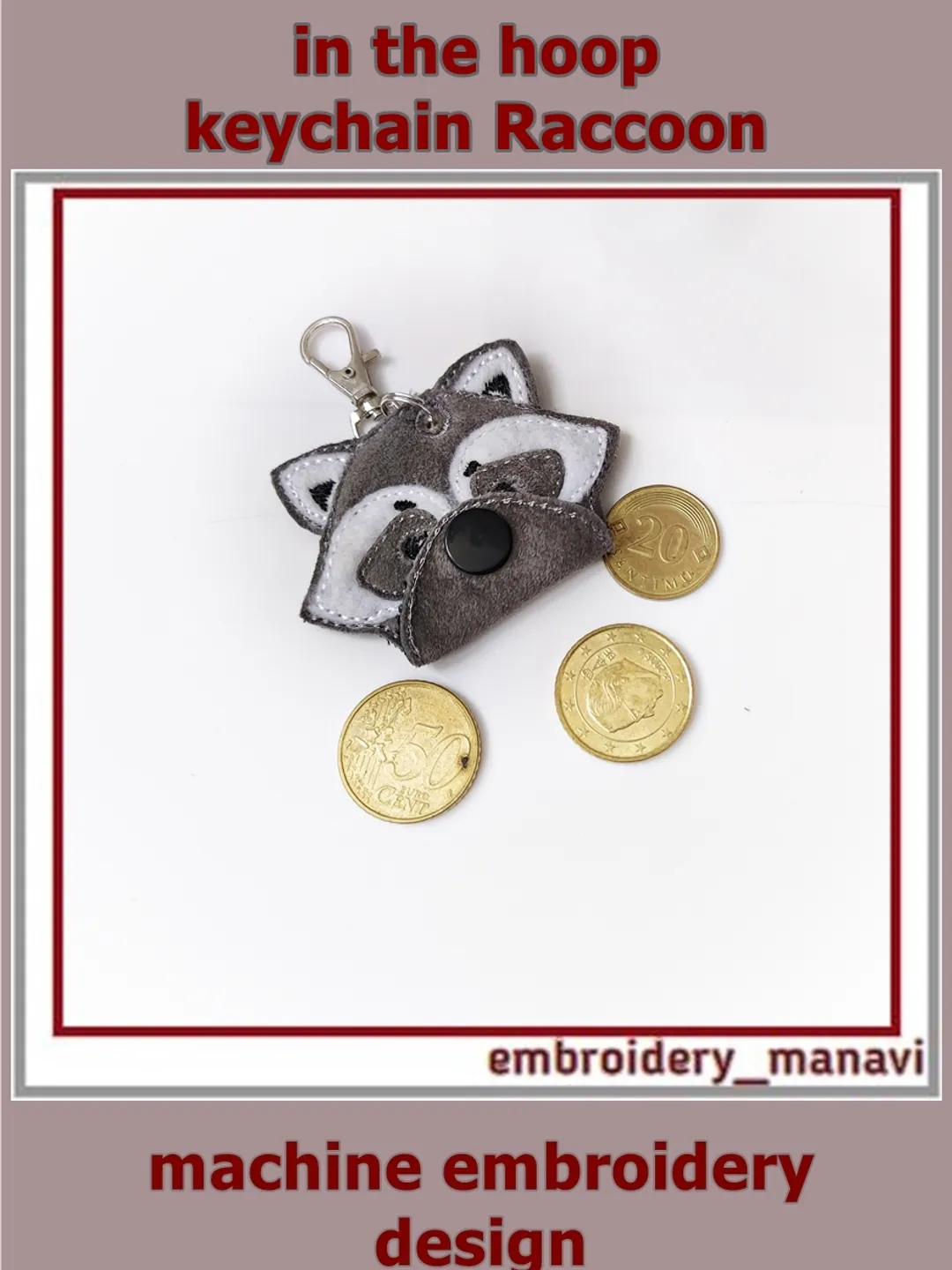 Raccoon Keychain coin holder, mini wallet in the hoop Digital machine ...