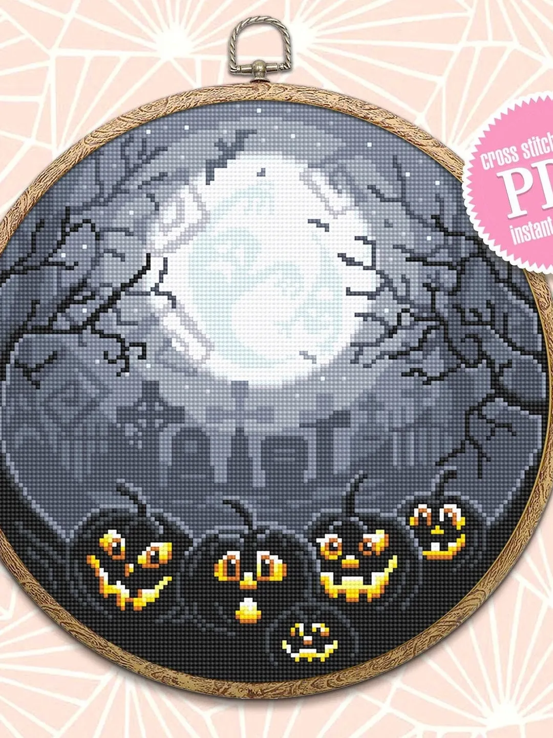Scary Halloween cross stitch pattern download PDF, Full moon cross stitch chart, Halloween pumpkin cross stitch, Graveyard embroidery #H41