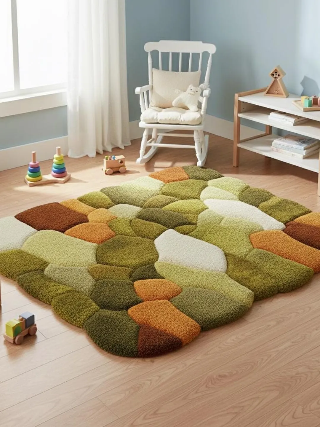 Hand Tufted Wool Pebble Rug | Moss Green & Burnt Orange