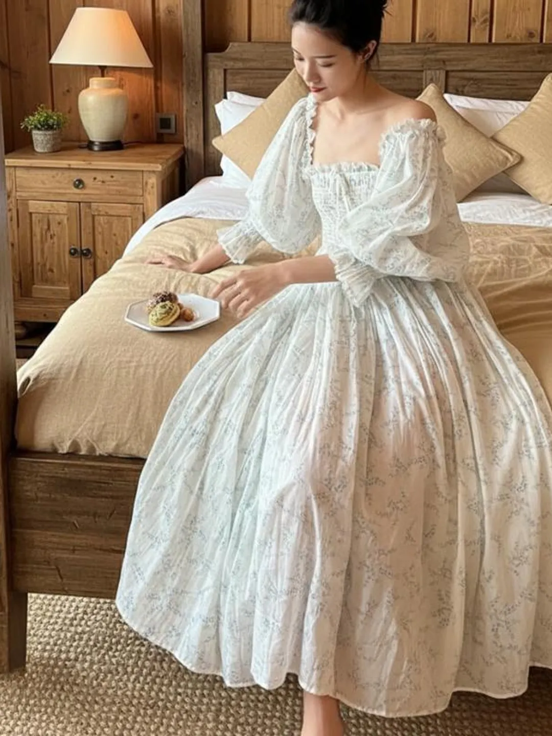 Victorian Floral Fairy Nightgown,Smocked Cottagecore Sleep Dress,Long Puff  Sleeve Cotton Loungewear