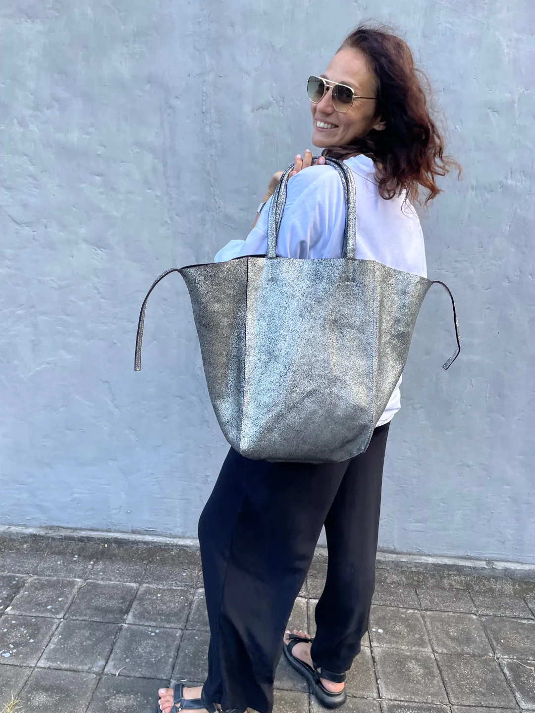 Genuine leather silver tote shopper big bag / everyday purse / handmade bags / designer bags / summer bag / gift for her