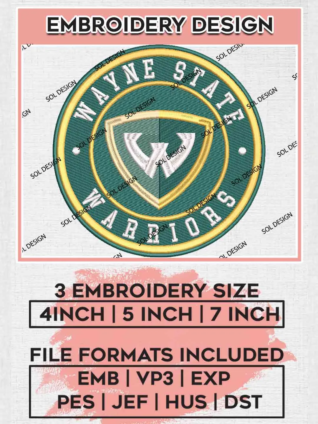 Wayne State Warrior Round Embroidery Design, Football Embroidery files, Sport Machine embroidery files, 3 sizes, Instant Download
