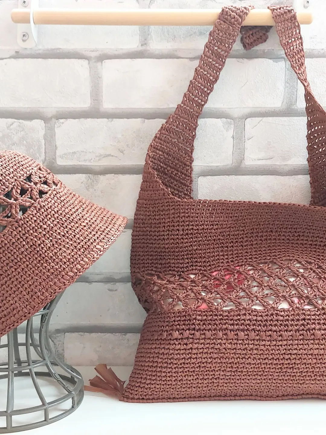 Elevate your summer style with crocheted straw raffia sun hat and tote bag