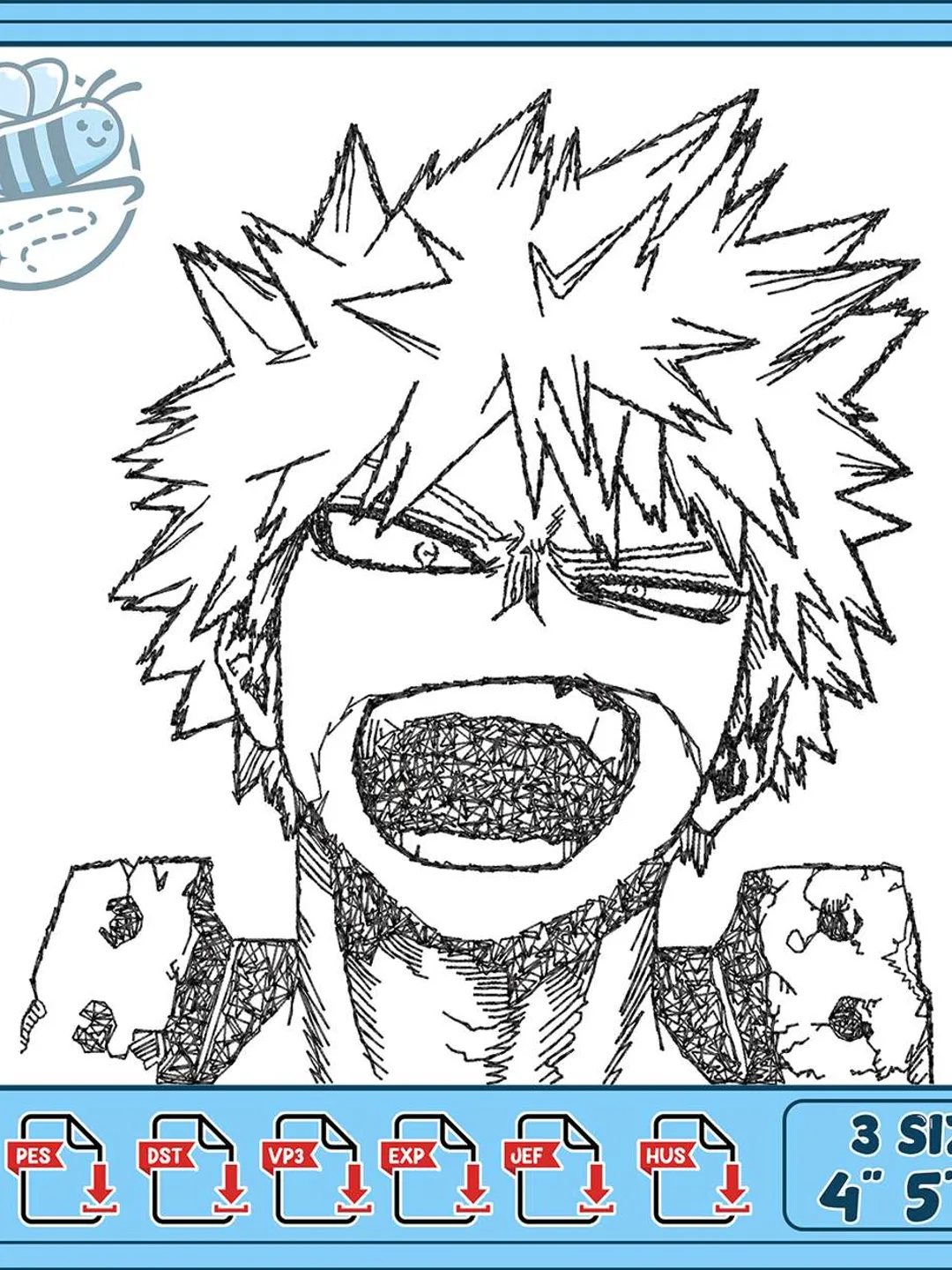 Bakugo Screaming Face Embroidery Design, Anime Machine Embroidery File, My Hero Academia Sketch Style, Instant Download