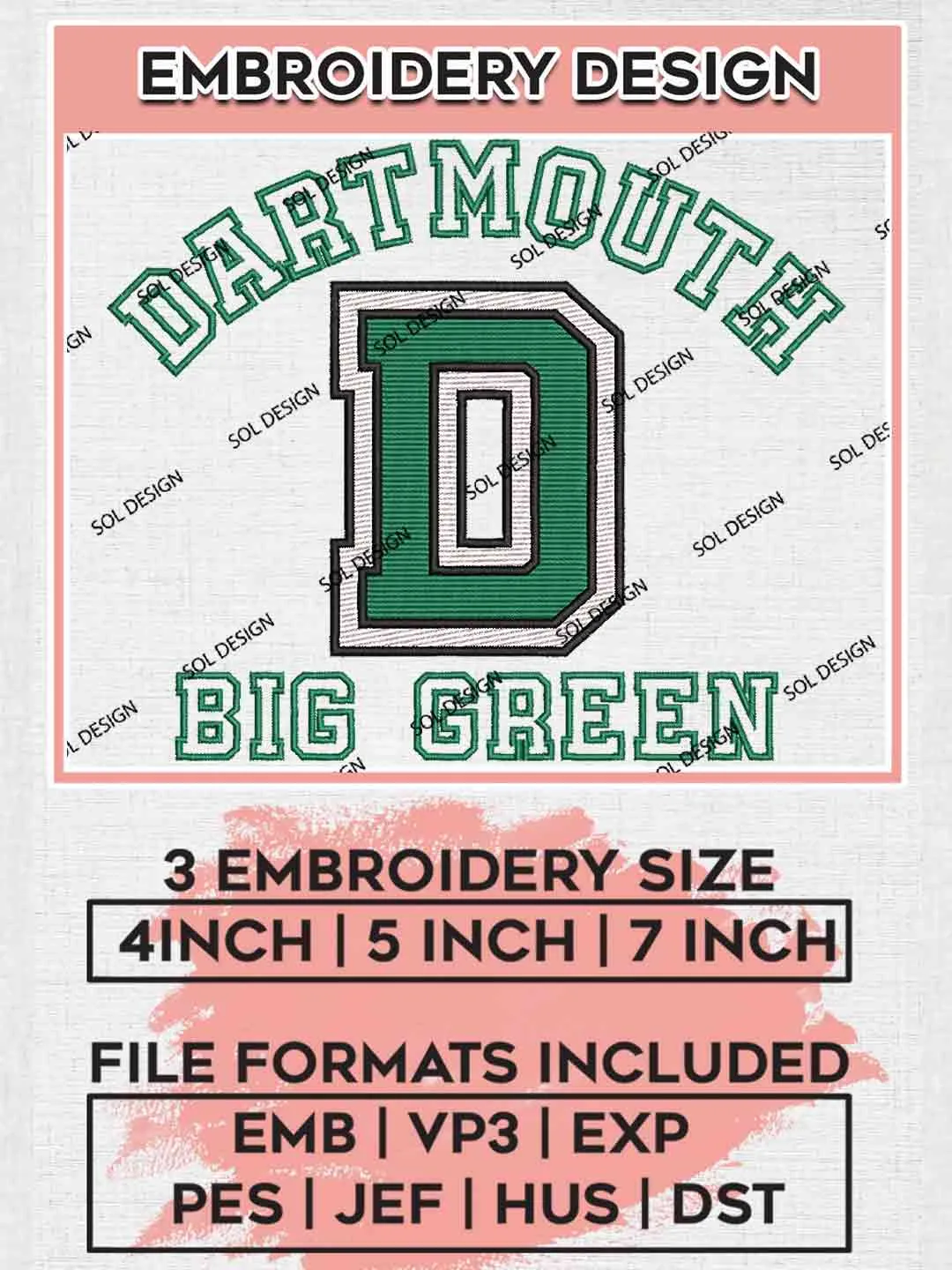 Dartmouth Big Green Embroidery Design, Football Embroidery files, Sport Machine embroidery files, 3 sizes, Instant Download