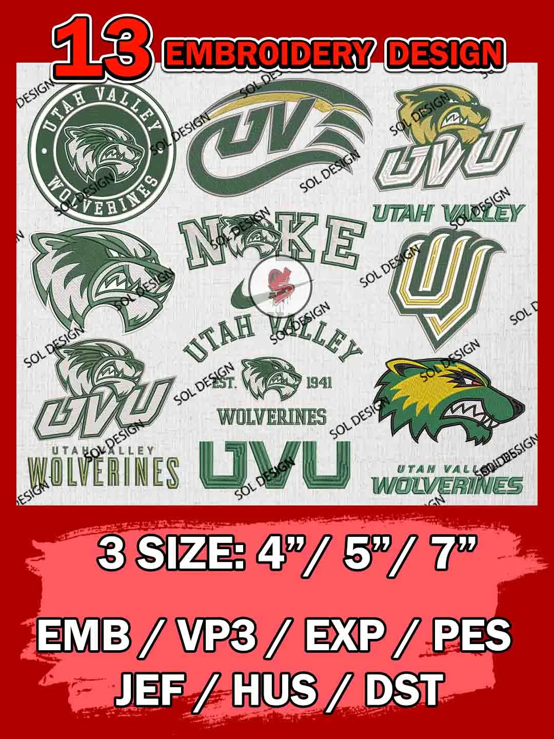 13 NCAA Utah Valley Wolverines Bundle Embroidery Files, NCAA Utah Valley Wolverines Team Bundle Embroidery Designs, NCAA Teams, National College Football Team 3 sizes, NCAA Utah Valley Machine Embroidery, Digital Download