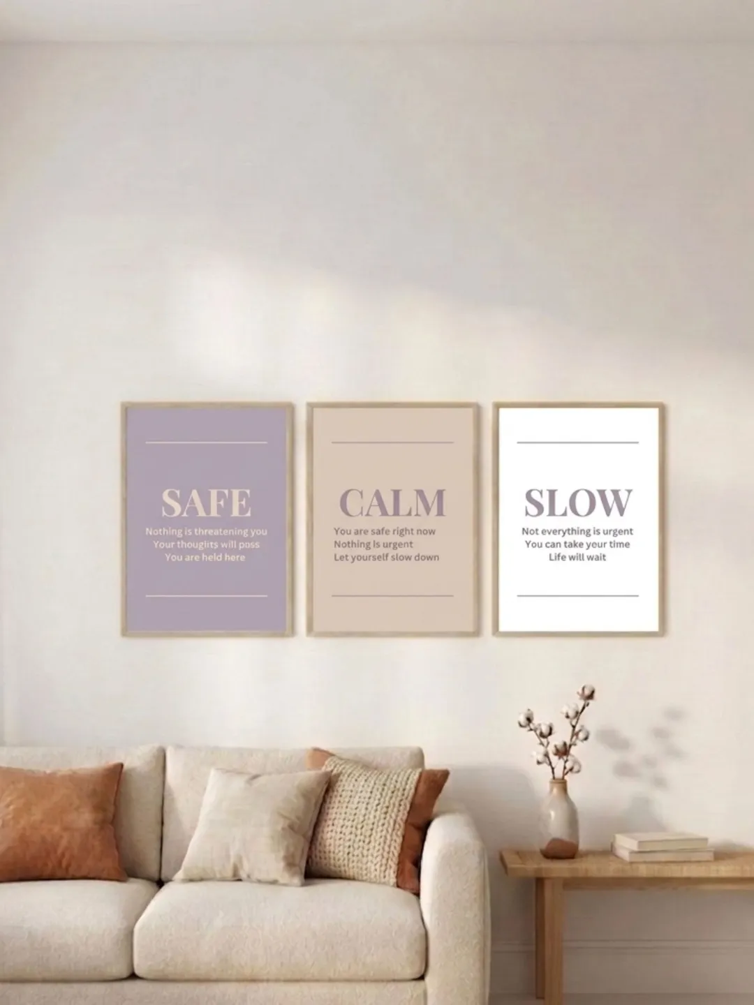 Safe Calm Slow Printable Wall Art Set of 3, Minimalist Neutral Healing Home Decor, Digital Download