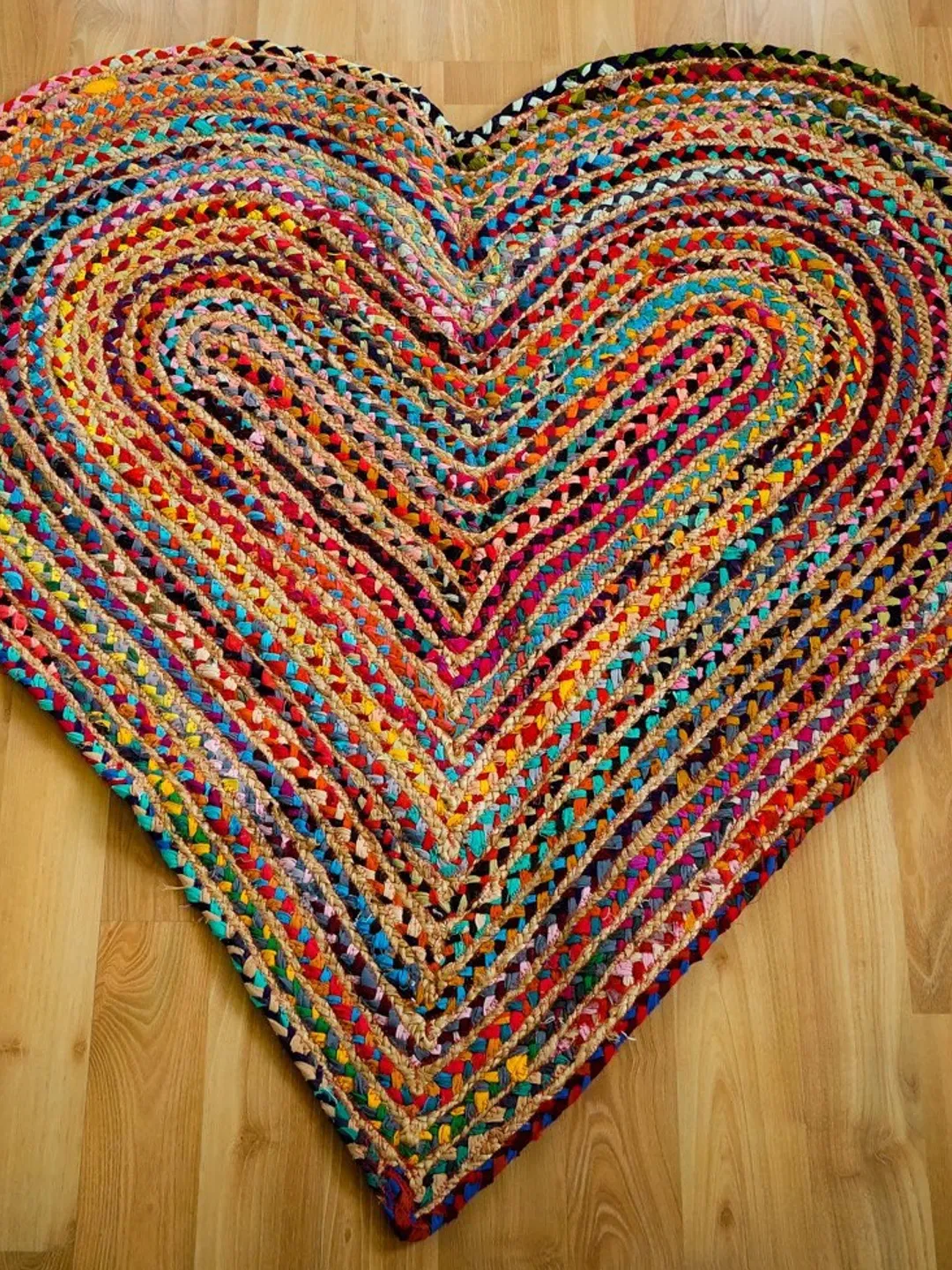 Heart Shaped Chindi Jute Multicolour Rag Braided Boho Rug