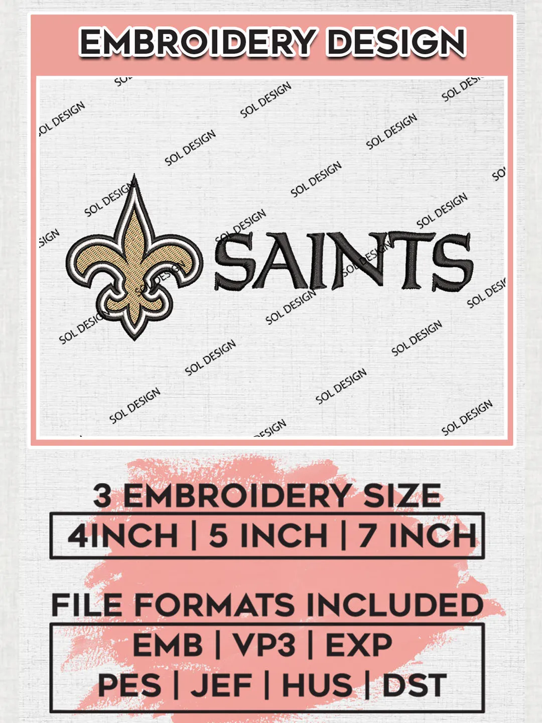 New Orleans Saints Logo Embroidery Design Files, NFL Saints, NFL Embroidery Designs, NFL New Orleans Saints Machine Embroidery Design, Digital Download