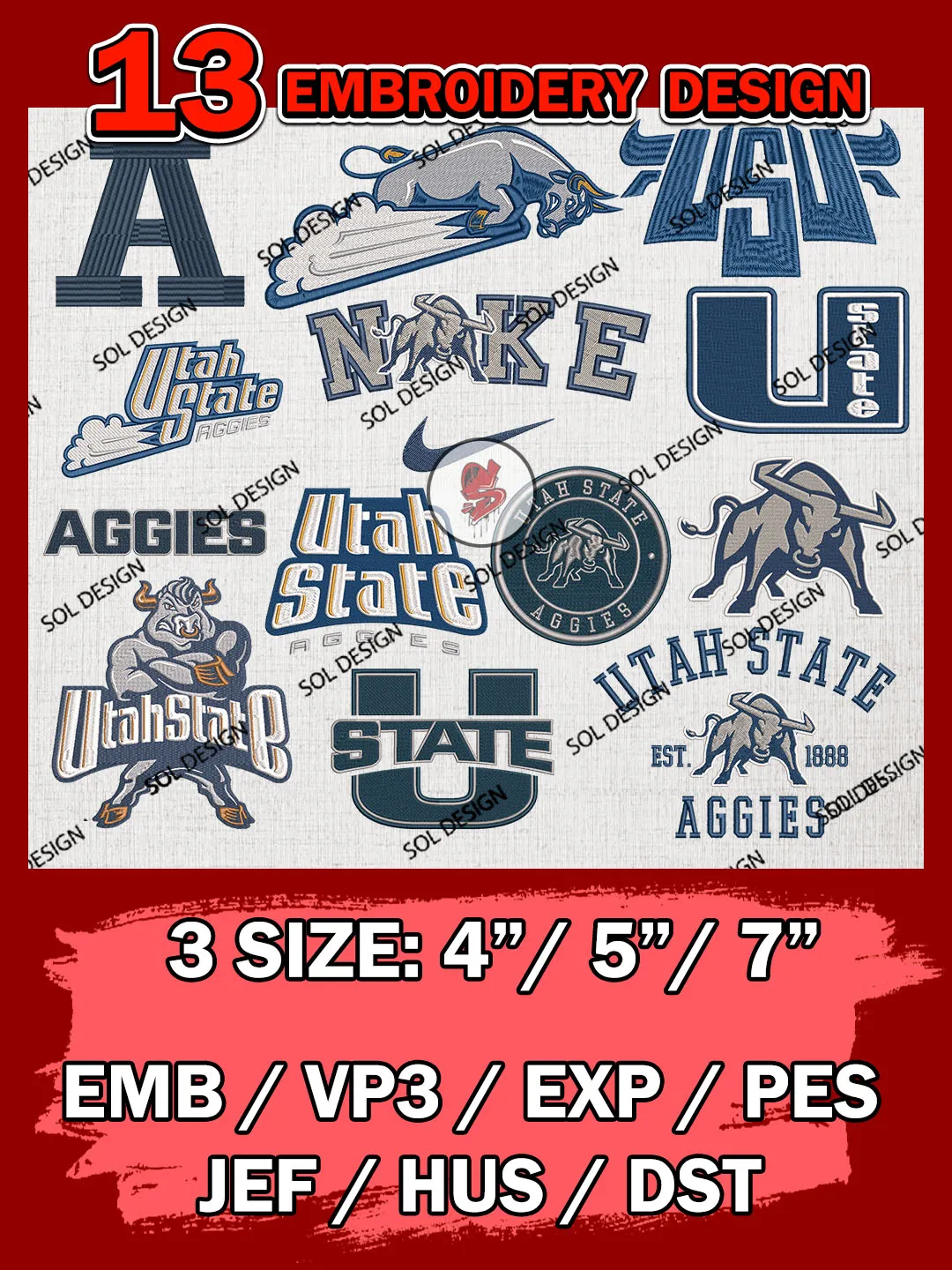 13 NCAA Utah State Aggies Bundle Embroidery Files, NCAA Utah State Aggies Team Bundle Embroidery Designs, NCAA Teams, National College Football Team 3 sizes, NCAA Utah State Machine Embroidery, Digital Download