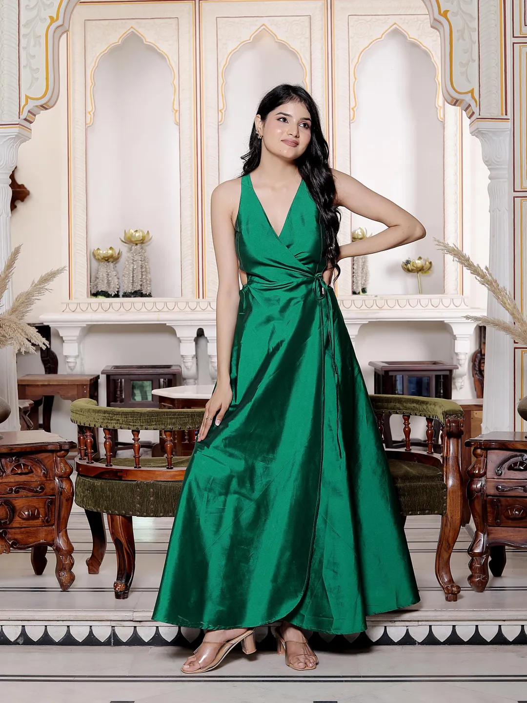 Emerald Green Taffeta Maxi Dress for Women, Backless Wrap Gown, Sleeveless  Evening Party Dress, Wedding Guest Outfit
