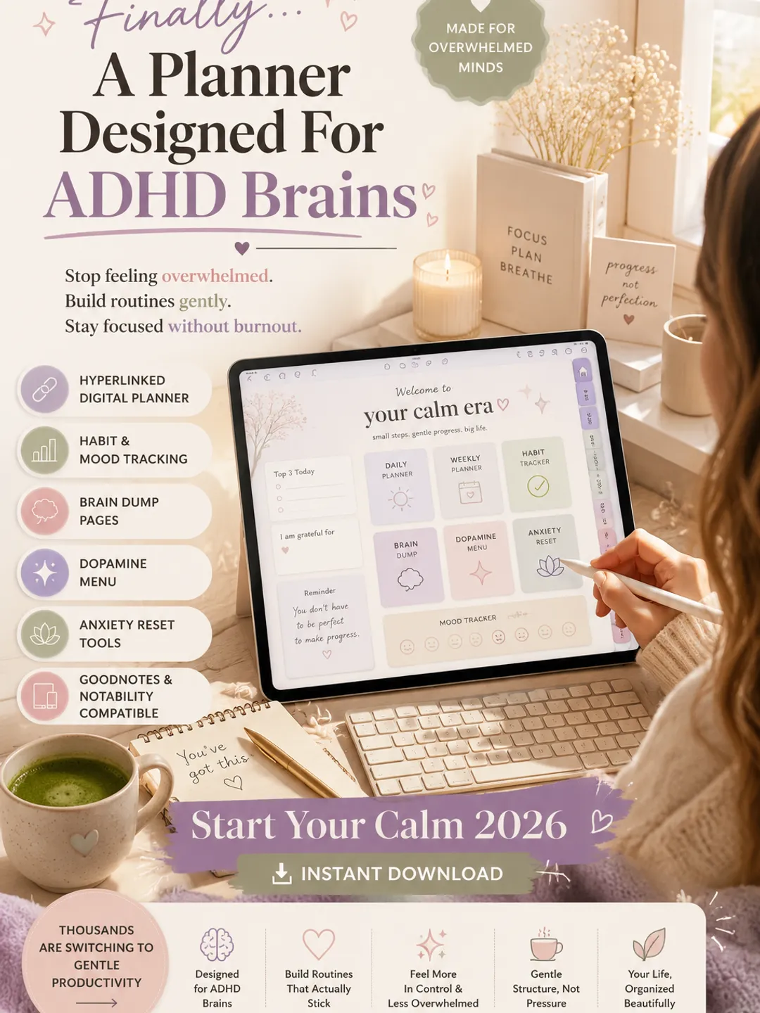 ADHD-Friendly Digital Planner 2026 | Gentle Productivity Planner for ...