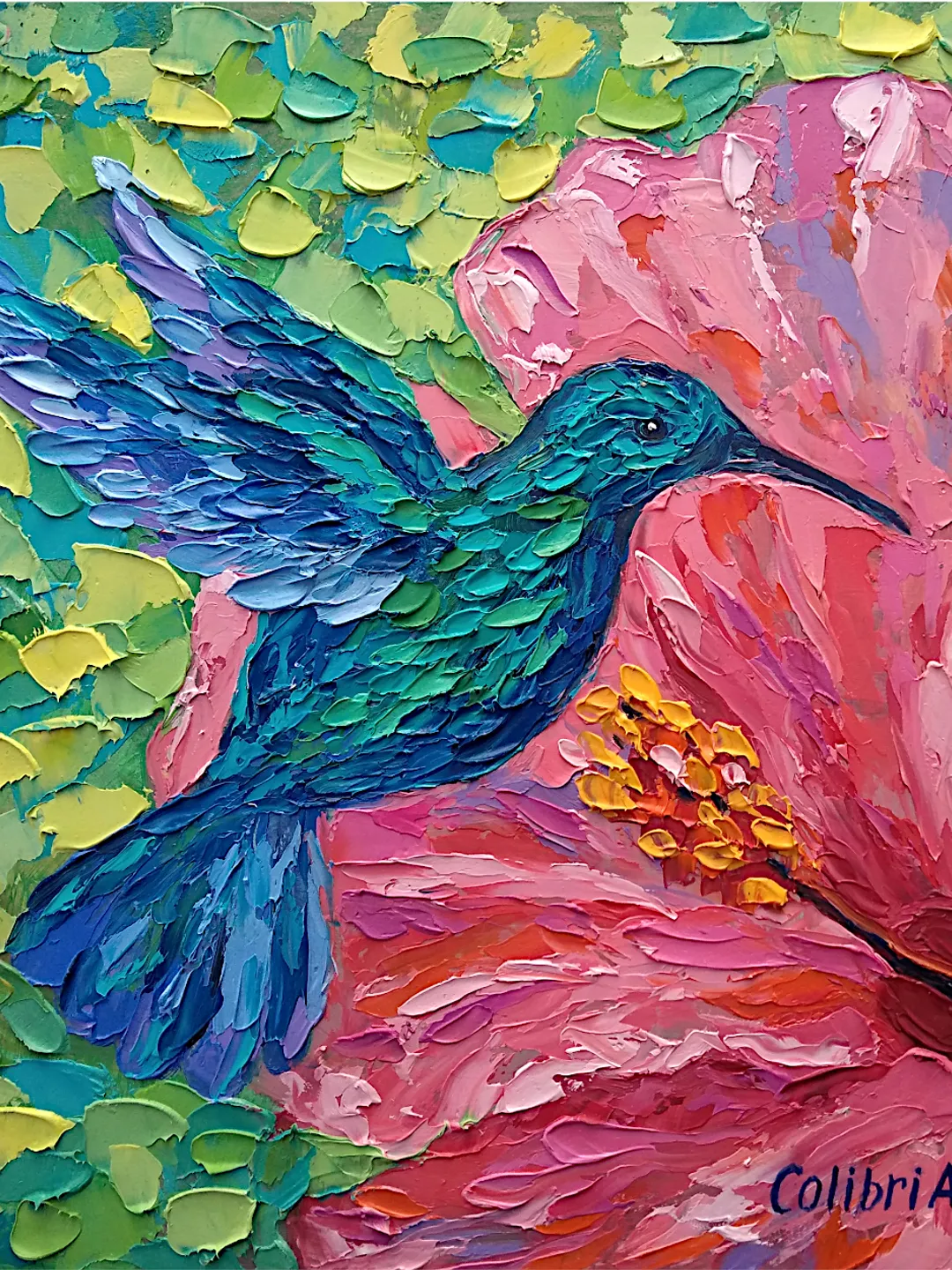 Hummingbird Painting Bird Original Art Flower Painting Floral Hibiscus Art Impasto Small Art 10" x 10" By Colibri Art