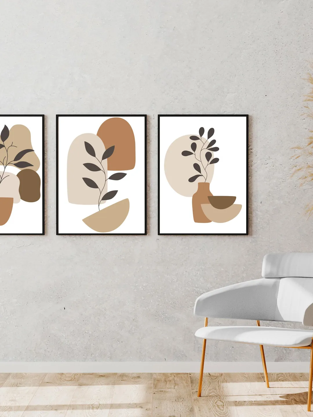 Boho Abstract Botanical Wall Art Set of 3 Prints, Neutral Beige Brown ...