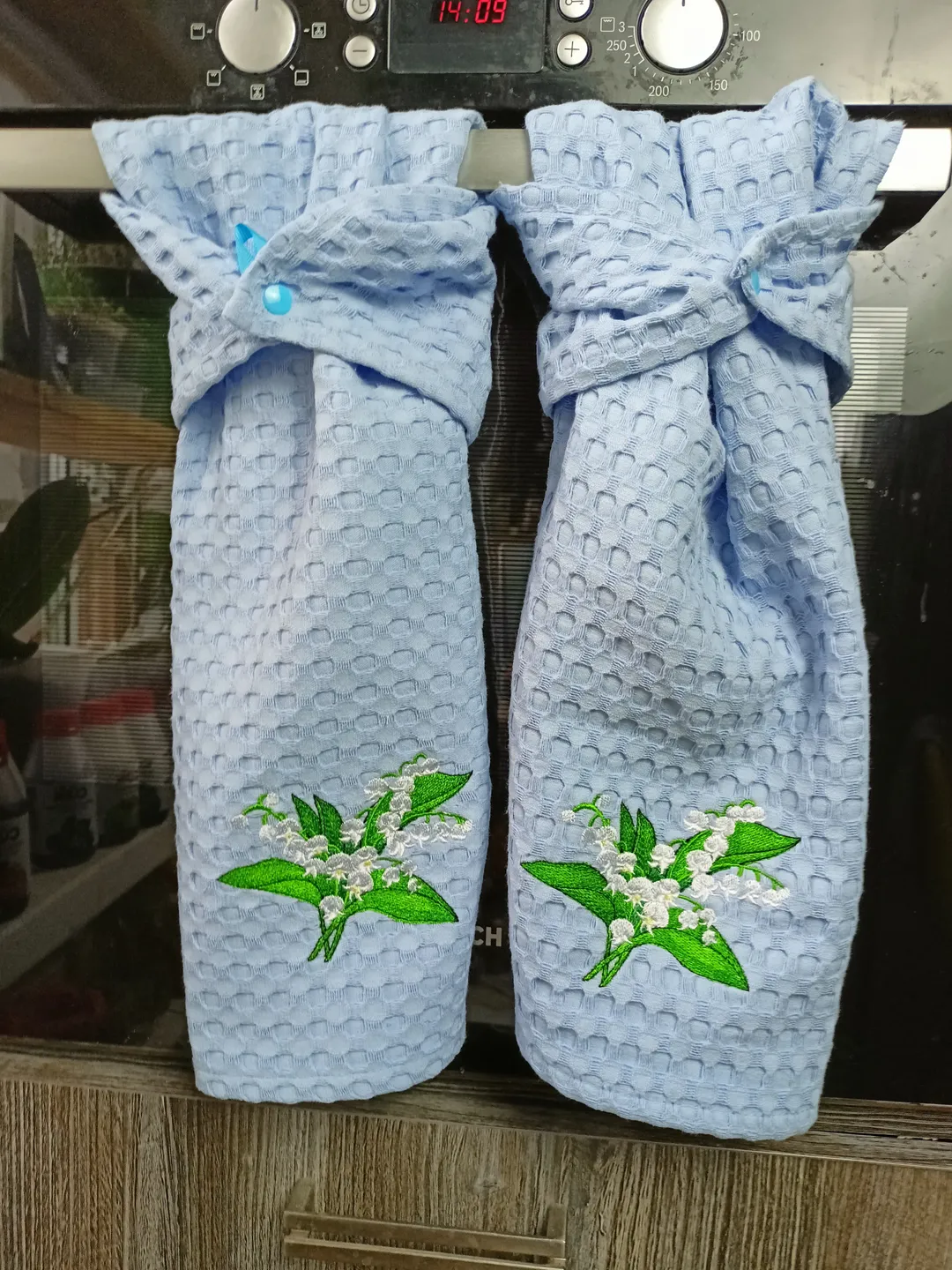 Blue waffle towel with lilies of the valley, embroidered kitchen towels, kitchen towels with hanging loop, hanging dish towel, host gift