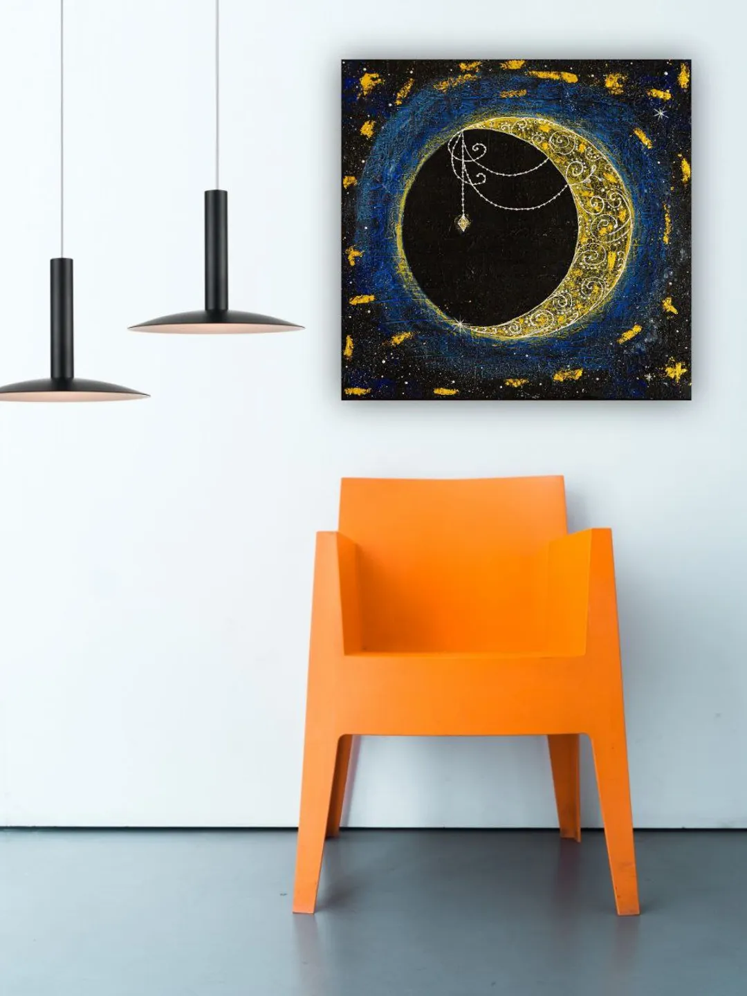 An acrylic painting of the moon with swirls and diamonds, the background is dark blue sky filled with yellow stars