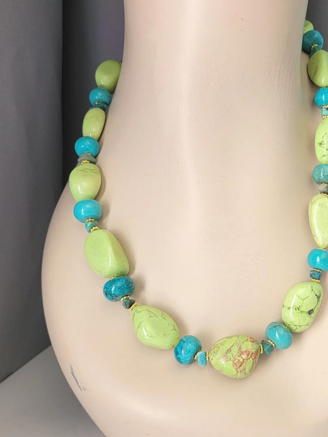 Chunky Turquoise Beaded Necklace, Apple Green Artist Adjustable Length Necklace, Gold Accents, Blue Green Nuggets