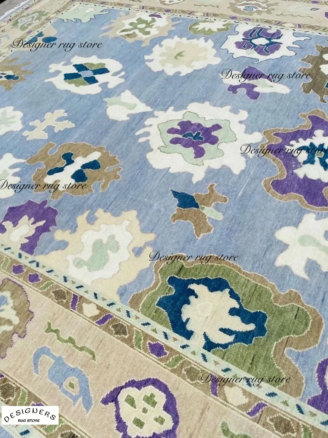 Handmade Oushak Rug: New Zealand Wool, Sea Blue Floral Design