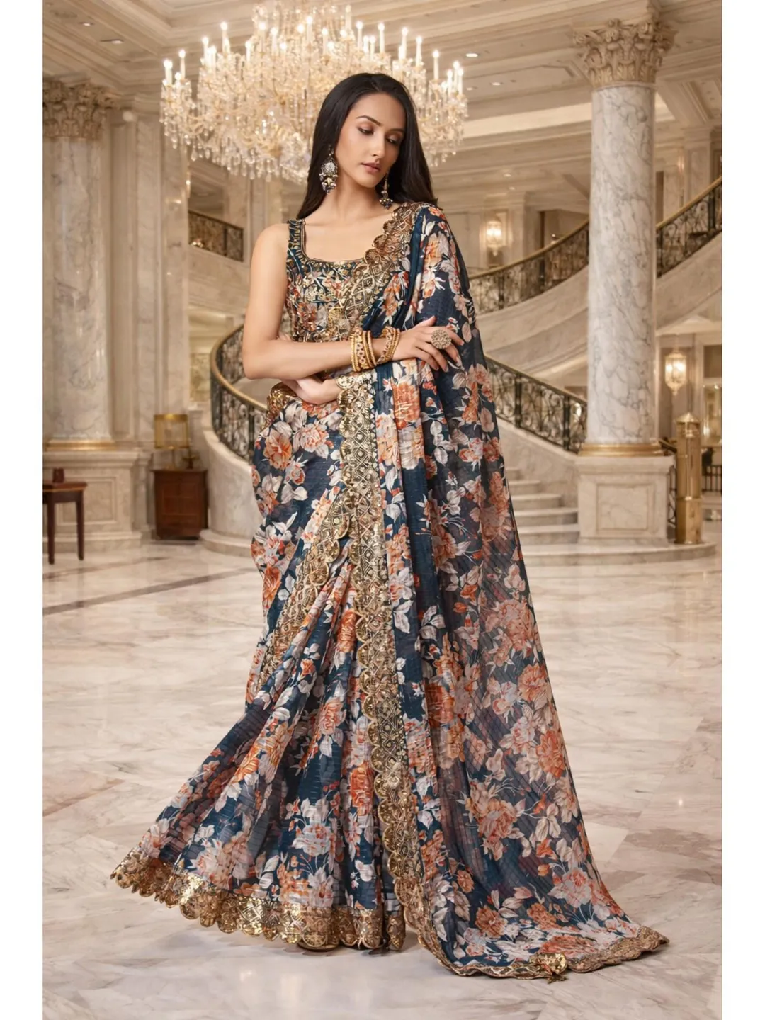 Blue Floral Saree For Women: Georgette Sequins Embroidery, Ready To Wear