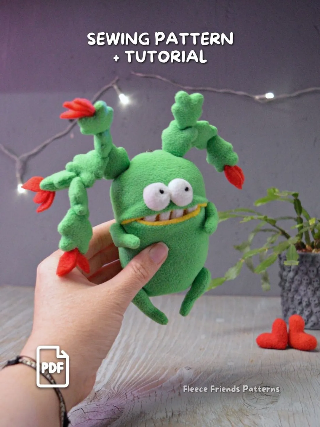 Zygocactus Monster Plush Sewing Pattern with Secret Mouth Pocket PDF