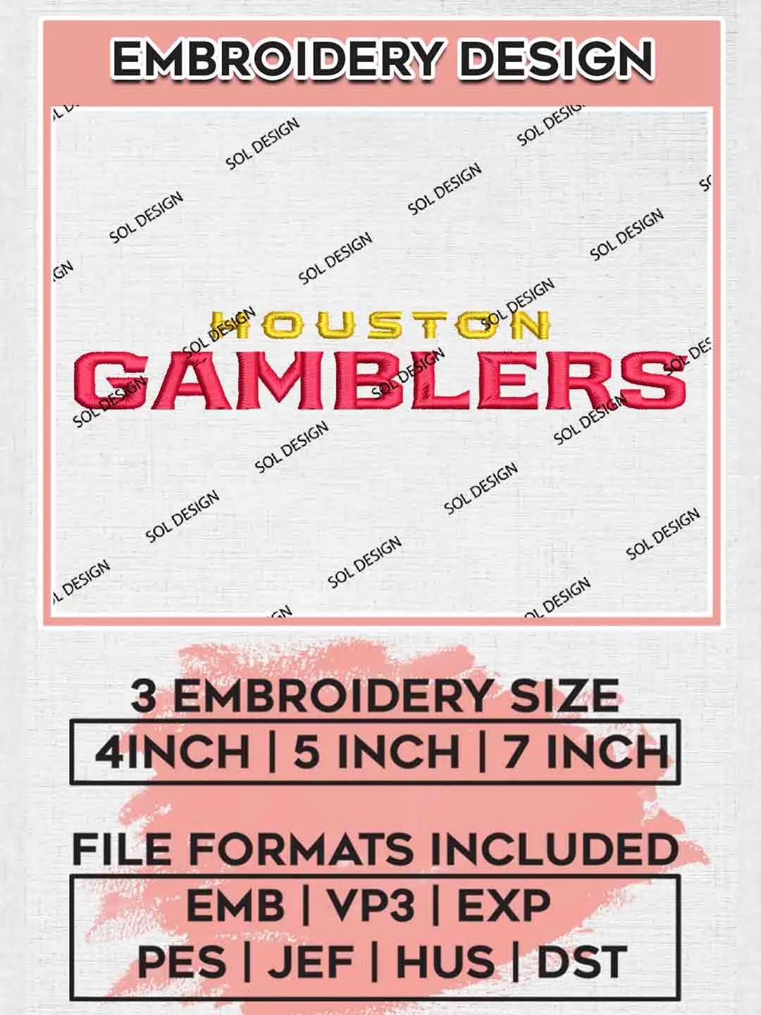 Houston Gamblers Wordmark Logo Embroidery Design, UFL Football League Embroidery files, Sport Machine embroidery designs, 3 sizes, Instant Download