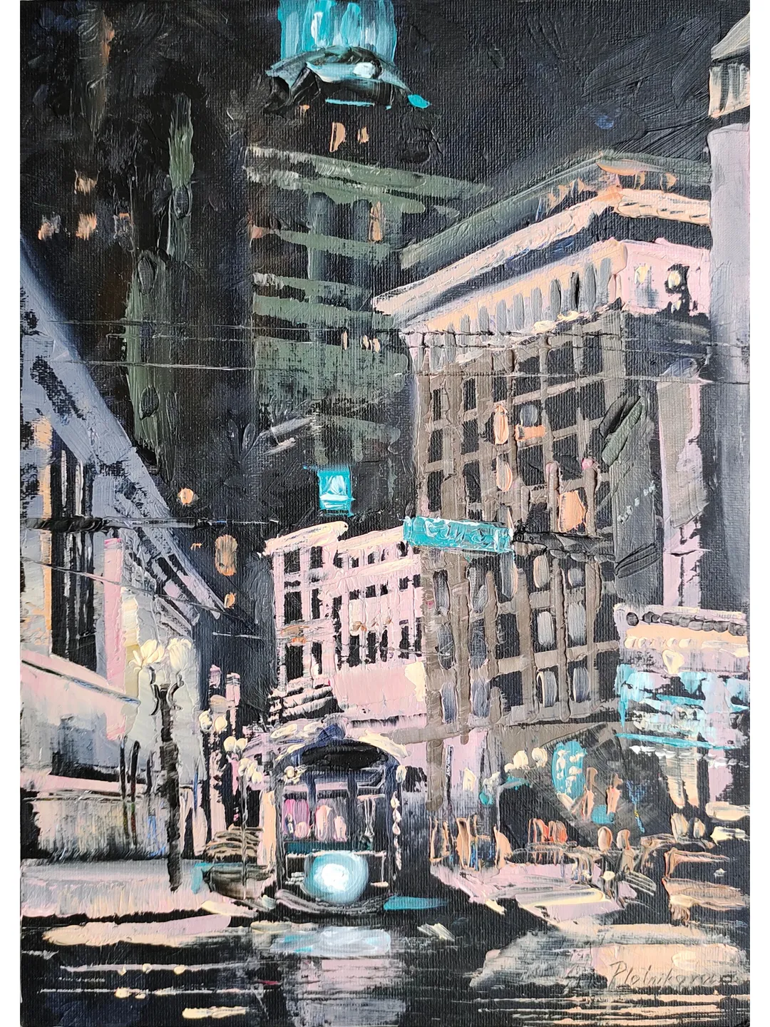 New Orleans painting Cityscape Original Art Night Tram painting Louisiana landscape Night Orleans by Natalia Plotnikova