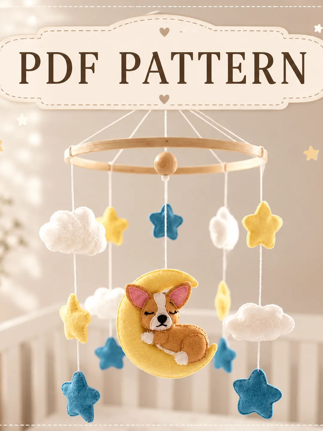 Sleeping Corgi Baby Mobile Felt Sewing Pattern (PDF), Moon Stars Clouds Nursery DIY Tutorial