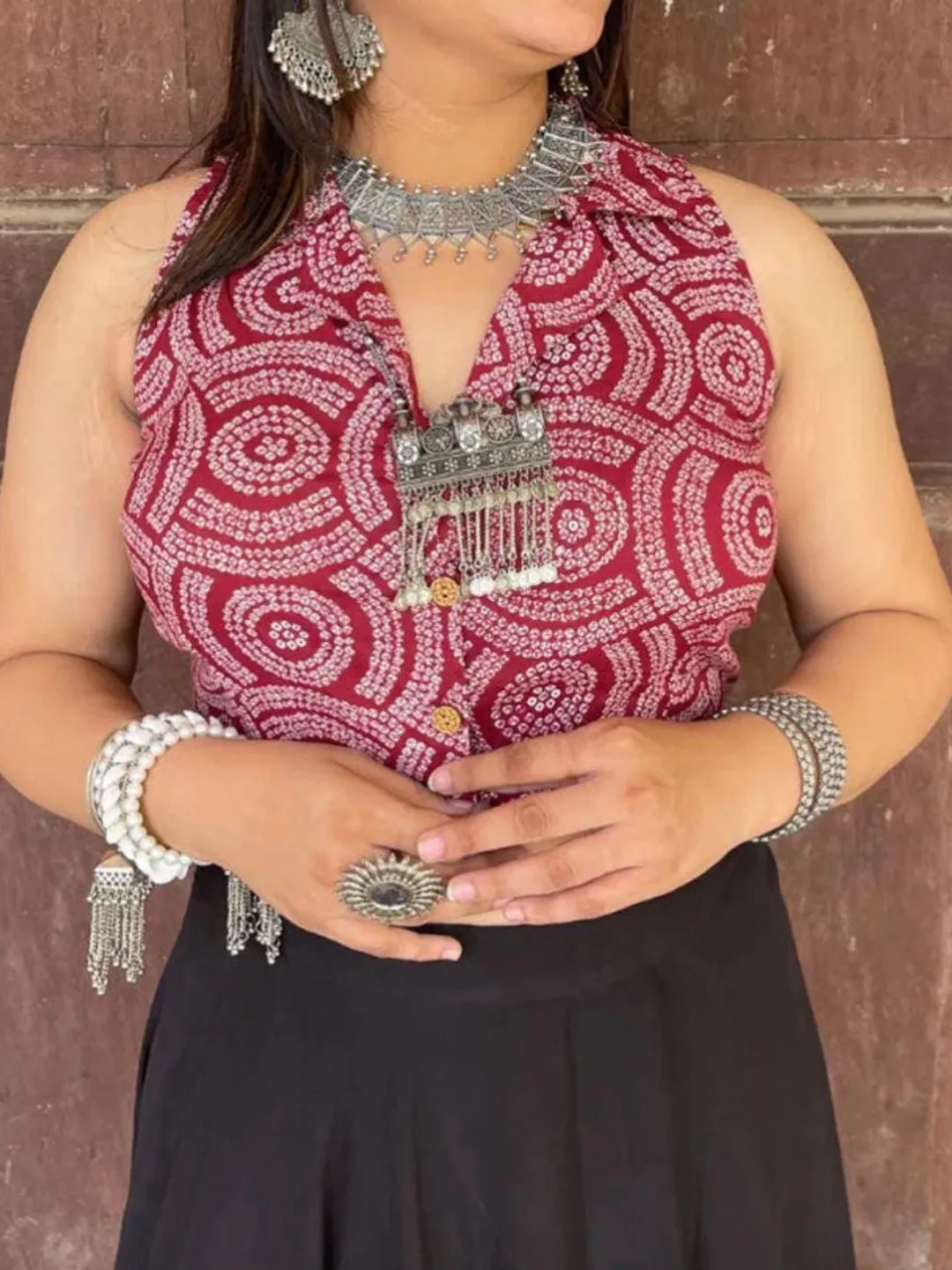 Handmade Maroon Bandhani Cotton Crop Top for Women, Sleeveless Ethnic Boho Top