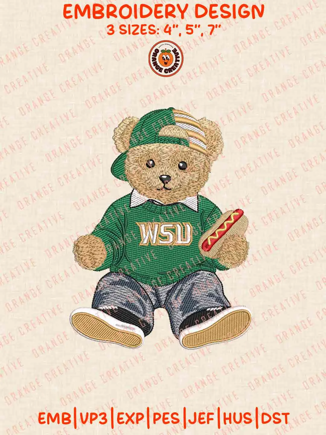 Wright State Raider Bear Hot Dog Embroidery Design Files, Football Embroidery Designs, Sport Machine Embroidery Files, 3 Sizes, Custom Sizes, Instant Download