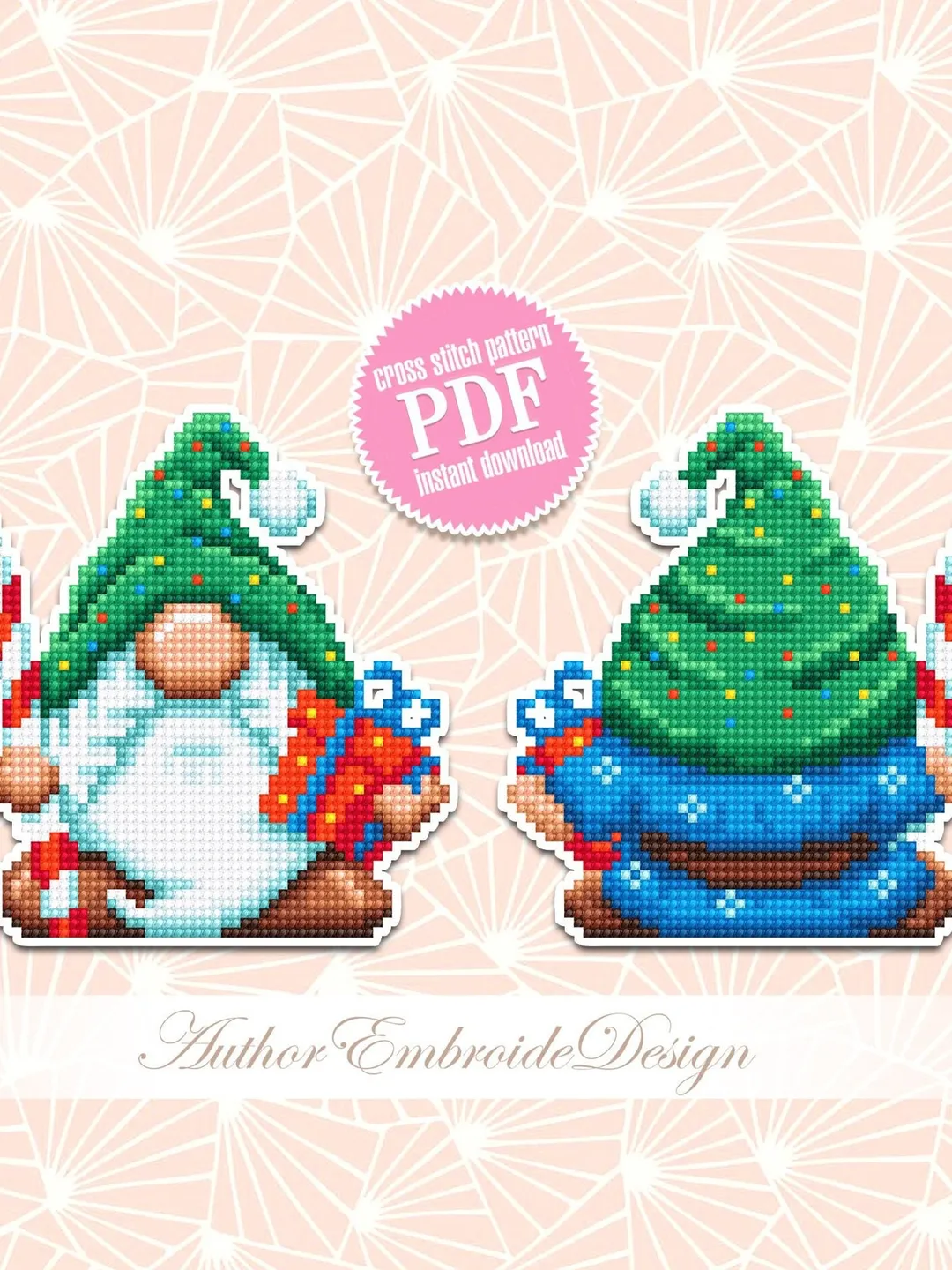 Gnome Christmas tree decor for plastic canvas cross stitch pattern PDF download Double-sided Christmas gnome on plastic canvas pattern #N98