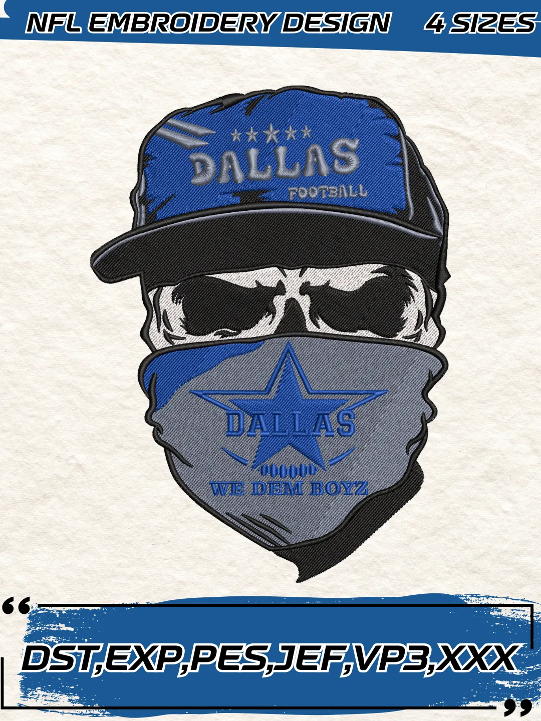 Cowboys Skull Bandana Embroidery Designs, Football Team NFL Machine Embroidery Digitized Pes Files, 4 Sizes, Digital Download