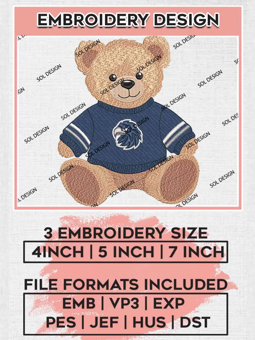 Monmouth Hawk Teddy Bear Embroidery Design, Football Embroidery files, Sport Machine embroidery files, 3 sizes, Instant Download