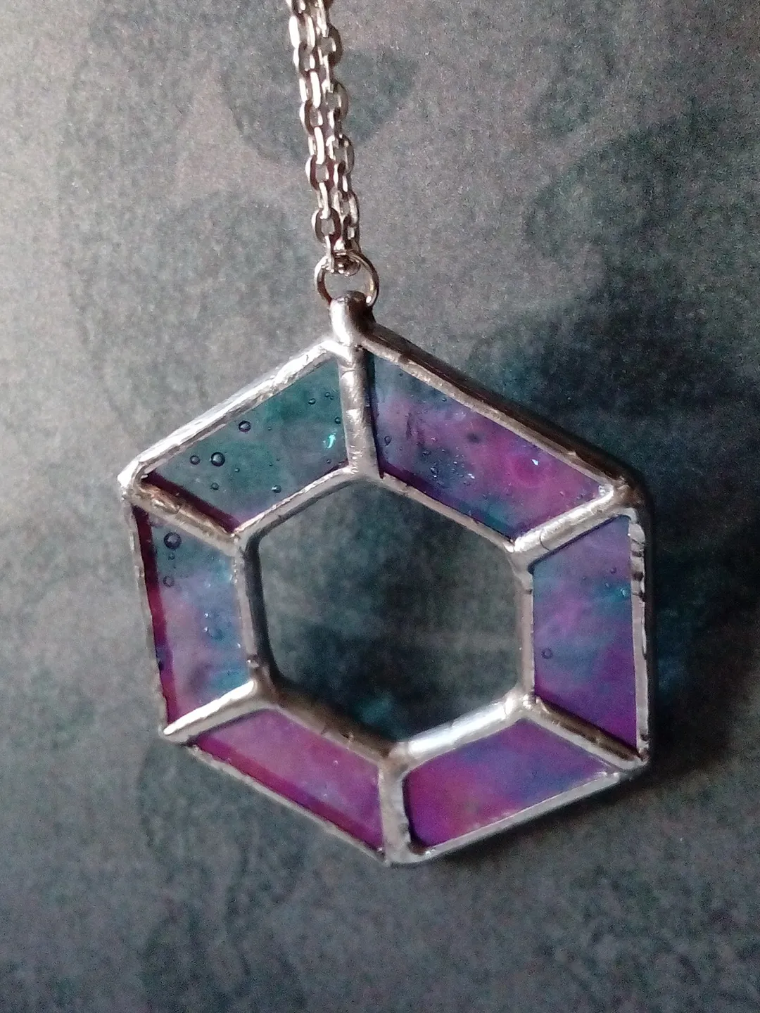Iridescent stained glass geometric pendant, stainglass Hexagon dichroic necklace, Sacred geometry