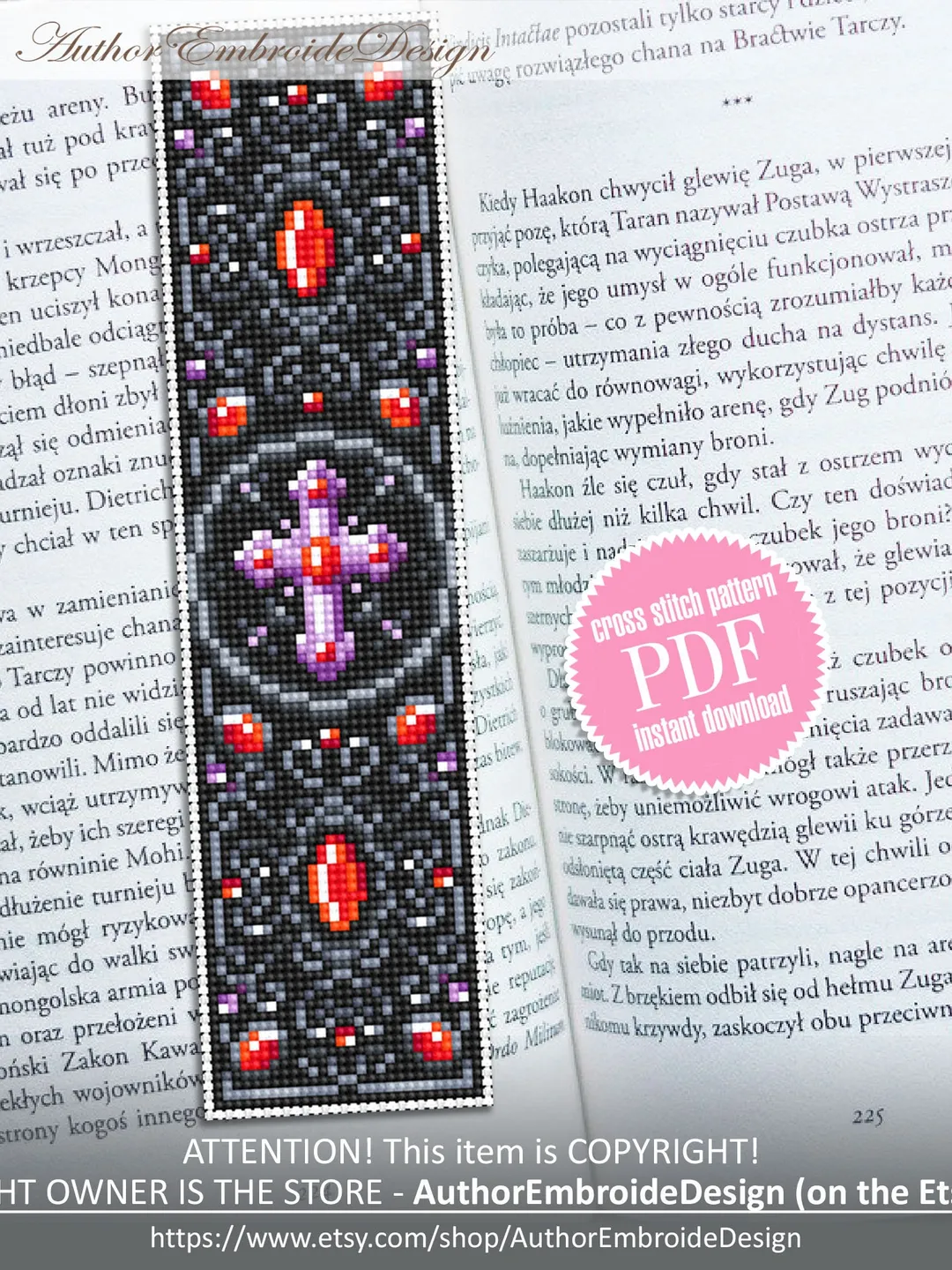 Gothic bookmark cross stitch pattern PDF download Vampire cross pattern digital PDF, Gothic cross stitch chart, Religious bookmark #B292