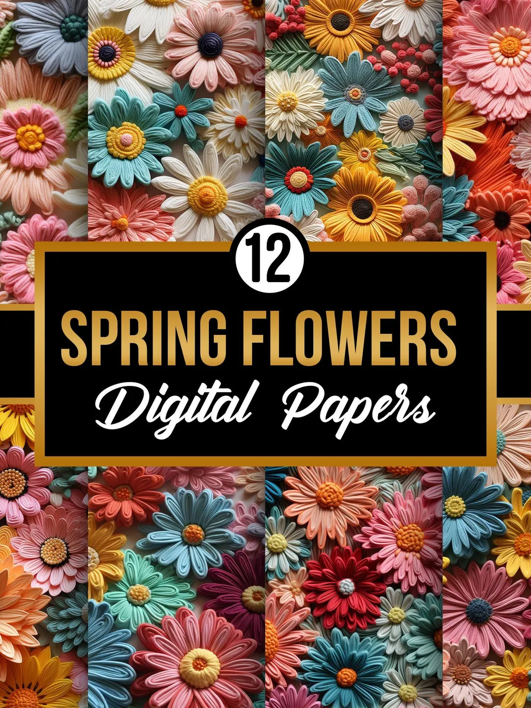 Orange Blue Flowers Digital Papers, Spring Flowers Seamless Patterns