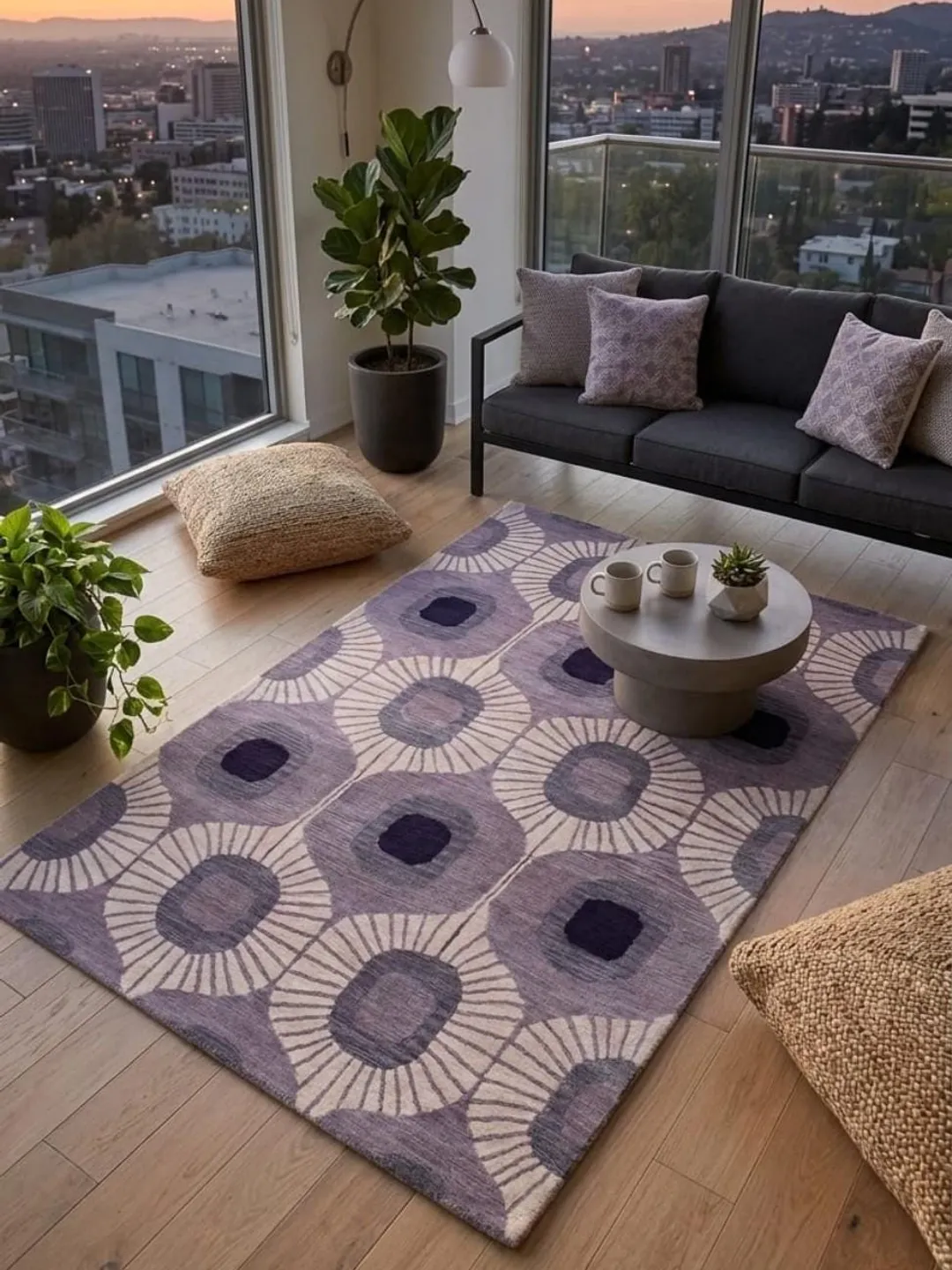 Modern Geometric Floral Hand Tufted Wool Rug – Lavender Purple Contemporary Area Rug