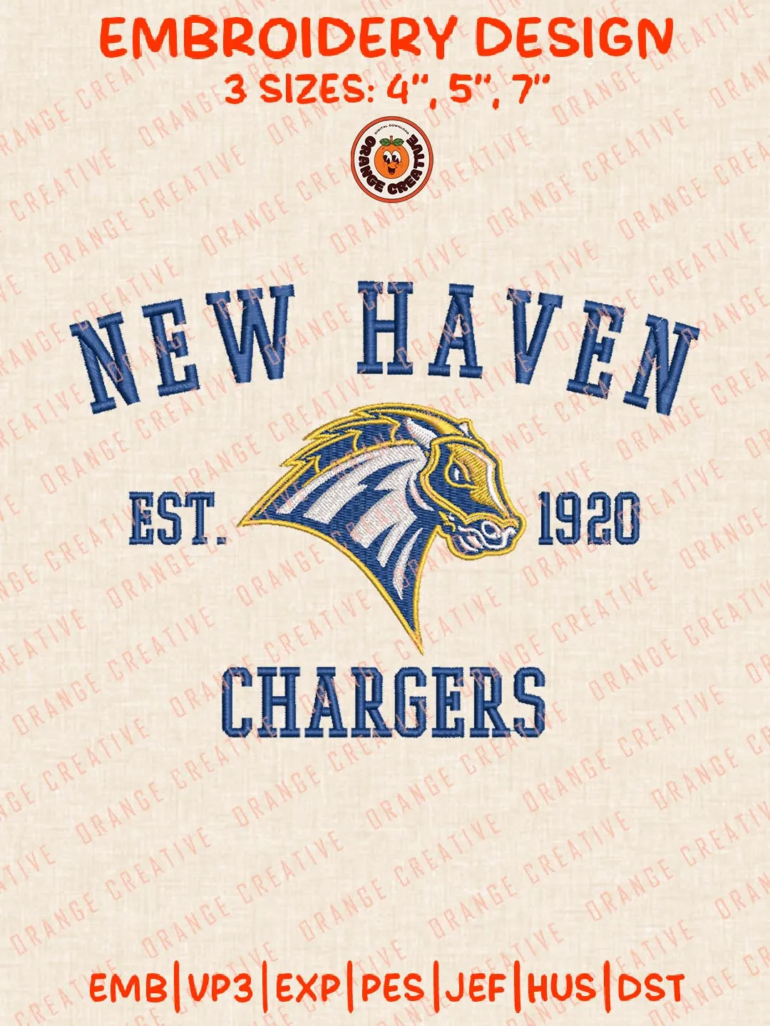 New Haven Chargers Est 1920 Embroidery Design, NCAA New Haven Chargers Logo Embroidery Design, Machine Embroidery Design File, 4 Sizes, Digital Download