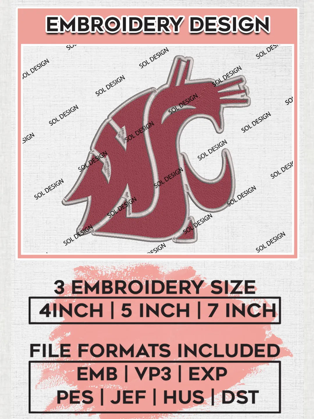 Washington State Cougars Mascot Embroidery Designs, NCAA Logo Embroidery Files, NCAA Washington State Logo, NCAA Embroidery Designs, Machine Embroidery Designs, Digital Download