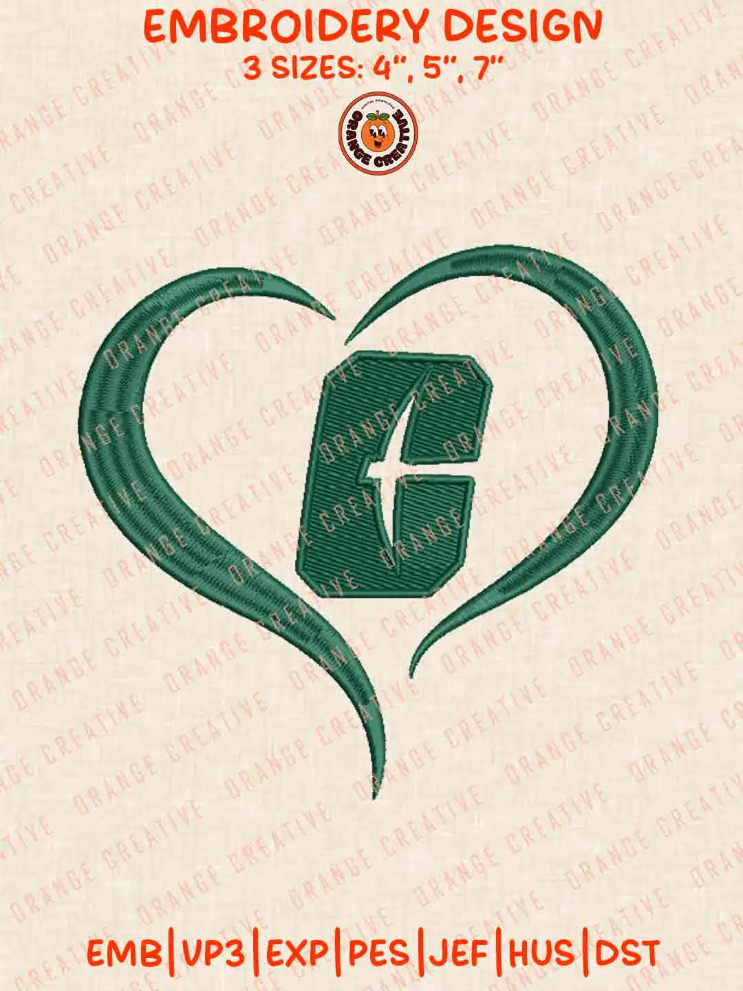 Charlotte 49ers Heart Logo Embroidery Design, NCAA Charlotte Team Machine Embroidery Digitized Pes File, 4 Sizes, Custom Size, Instant Download