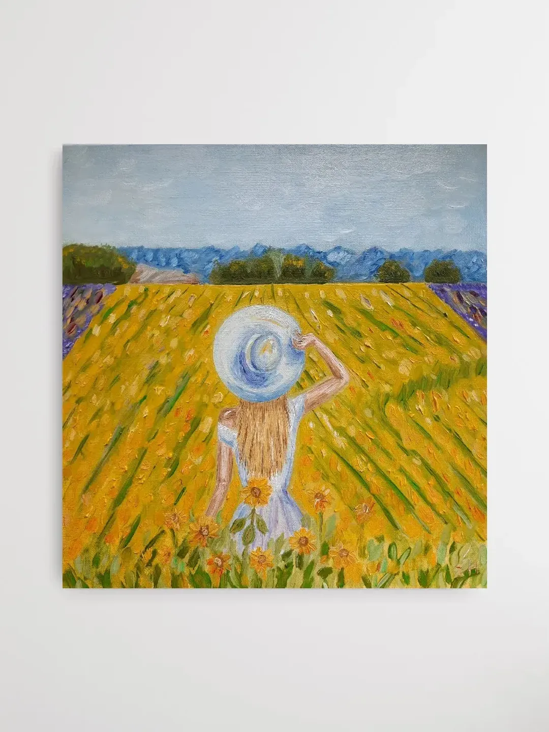 Sunflower field painting Girl in the field wall