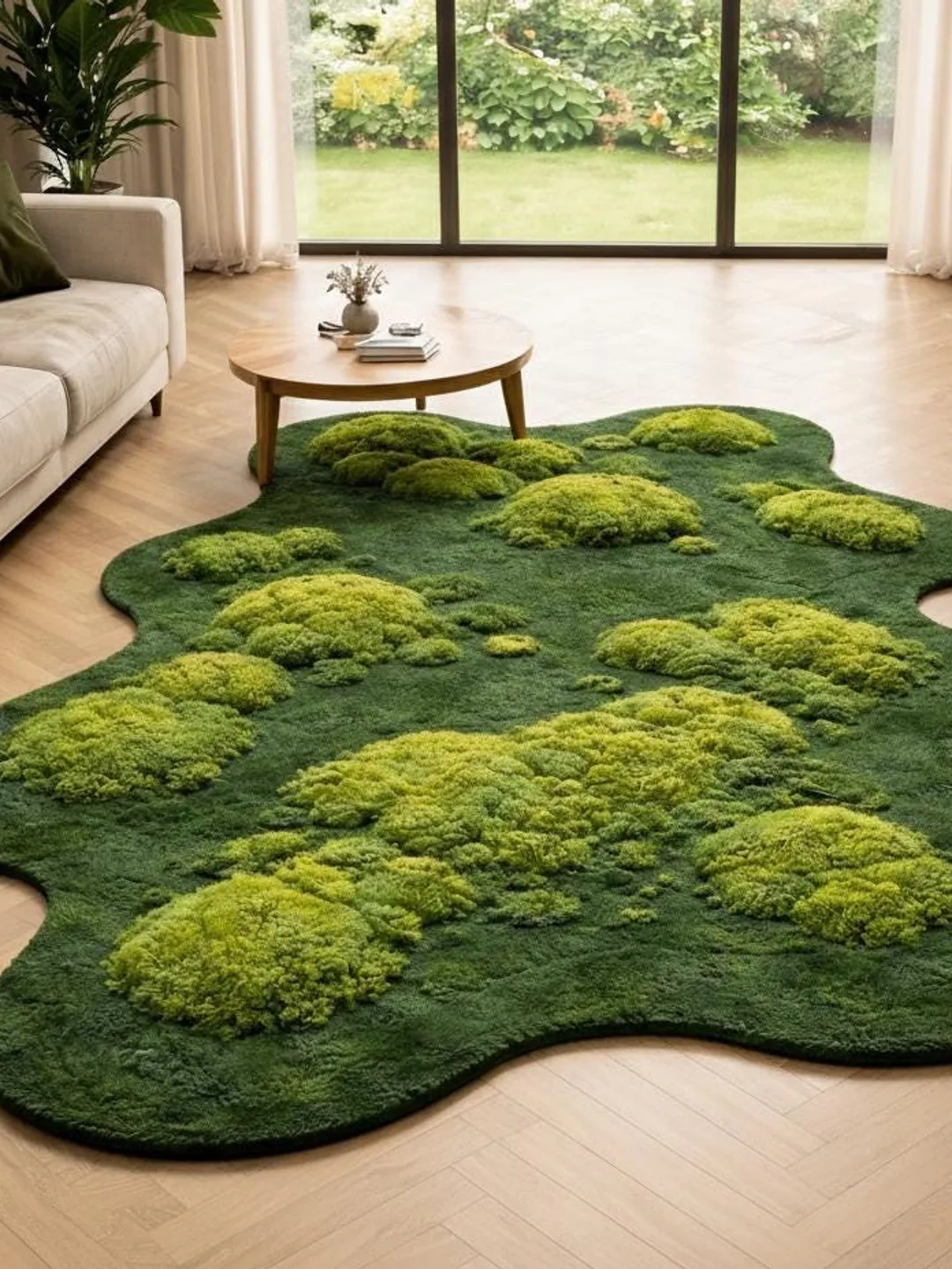Moss Green Wool Area Rug, 3D Textured Organic Carpet, Nature Inspired