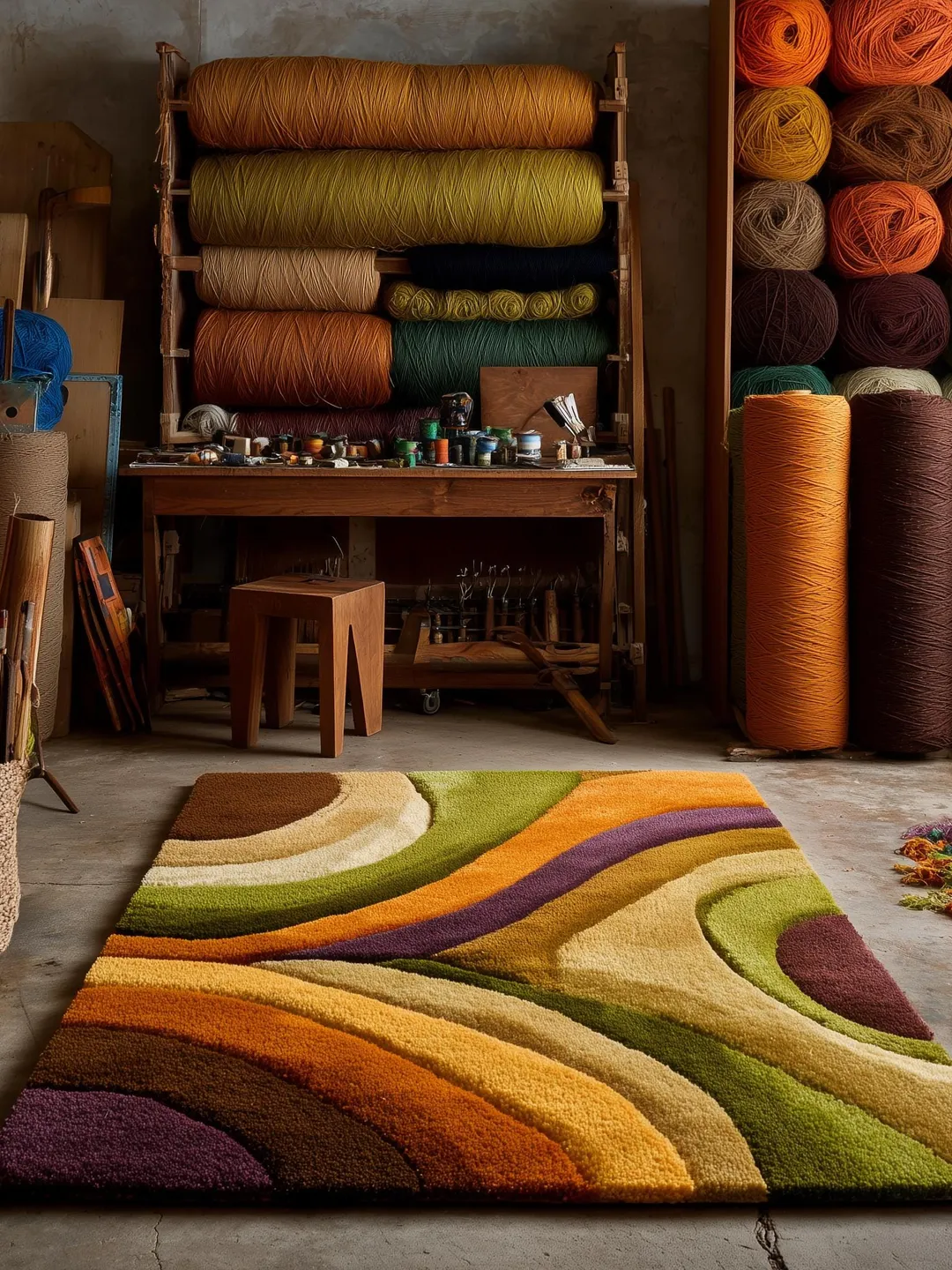 Handmade Wool Area Rug | Retro 70s Wave Design, Colorful Carpet