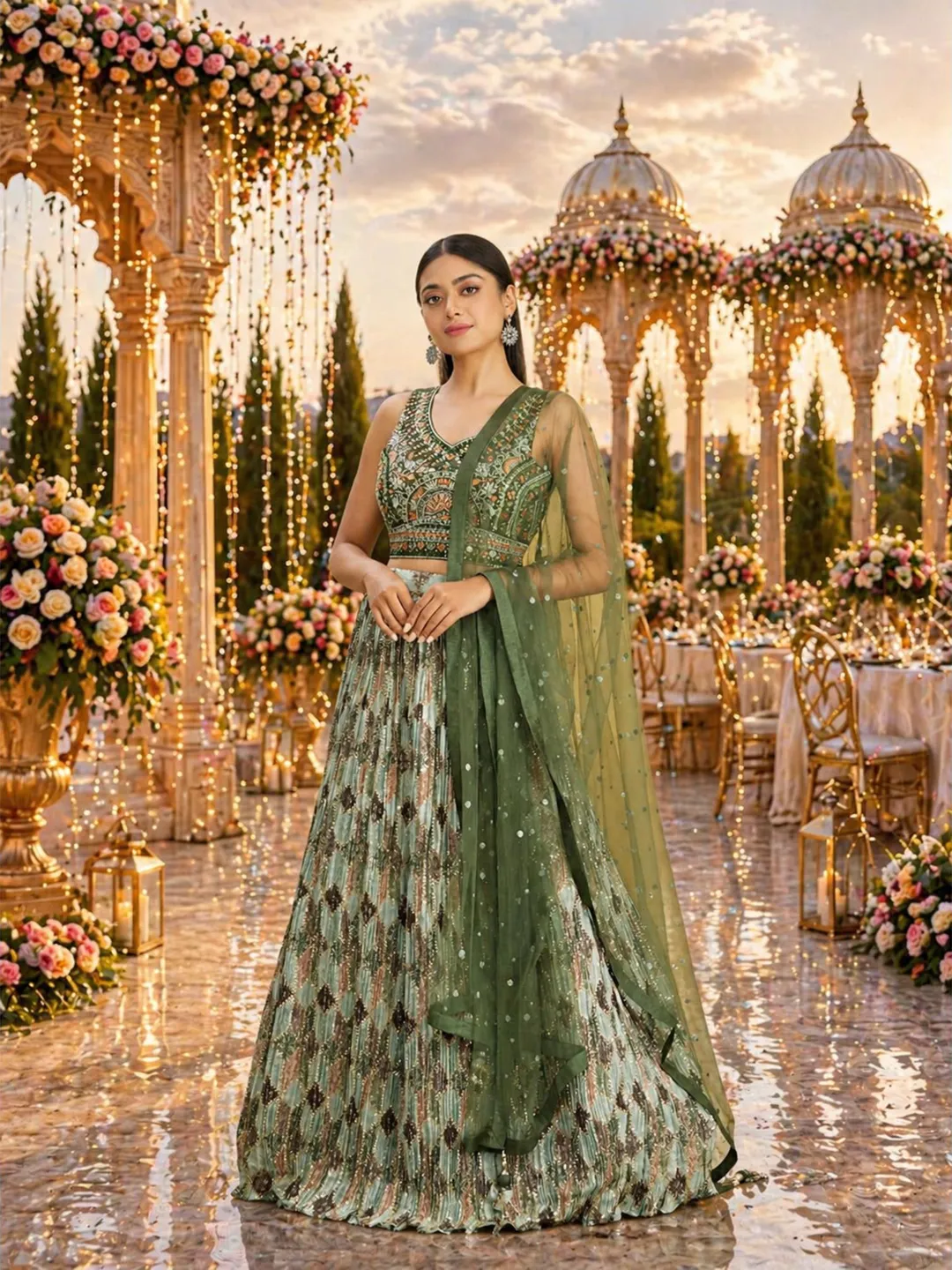 Green Sequin Lehenga Choli For Women, Indian Wedding Wear Ready To Wear