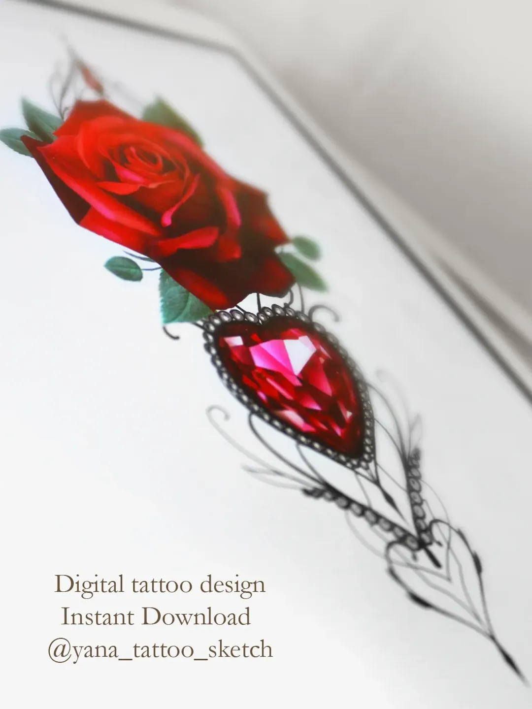 Rose Tattoo Design Red Rose Flower Tattoo Sketch Crystal Heart Ornamental Tattoo Ideas, Instant download PDF, JPG, PNG